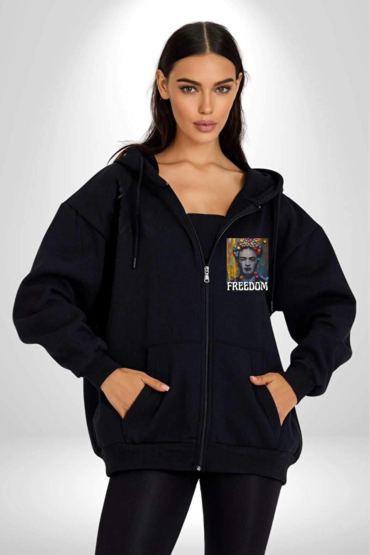 Frida 'ya Özgürlük Erkek Kadın Siyah Fermuarlı Baskılı Hırka Sweatshirt
