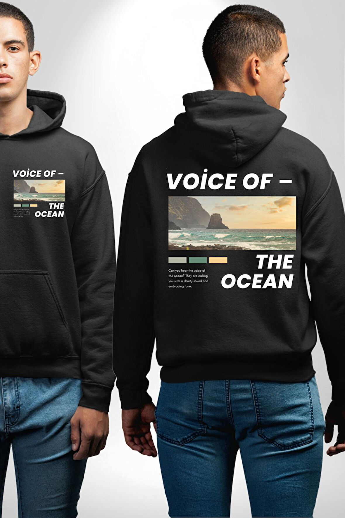 Okyanusun Sesi Erkek Kadın Siyah Ön Sırt Baskılı Kapüşonlu Sweatshirt Hoodie
