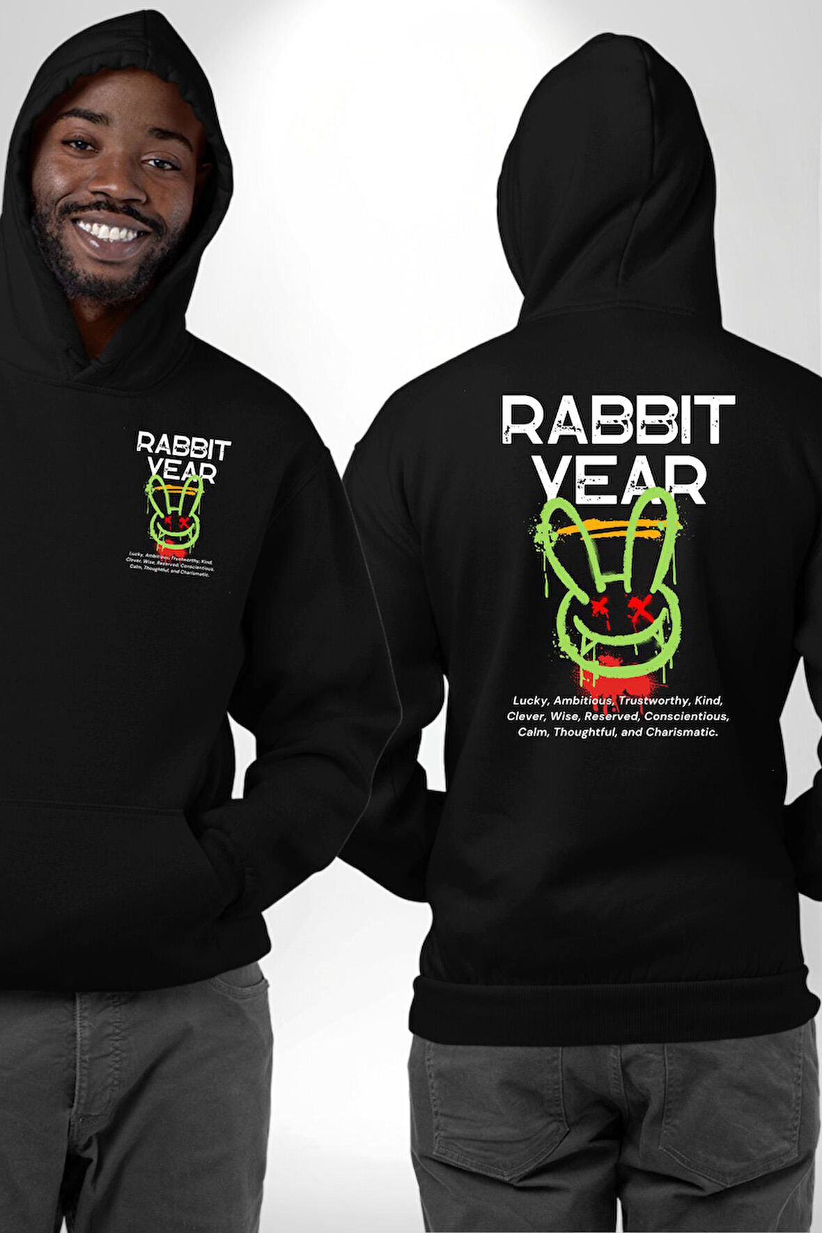 Tavşan Sokak Stili Giyim Erkek Kadın Siyah Ön Sırt Baskılı Kapüşonlu Sweatshirt Hoodie