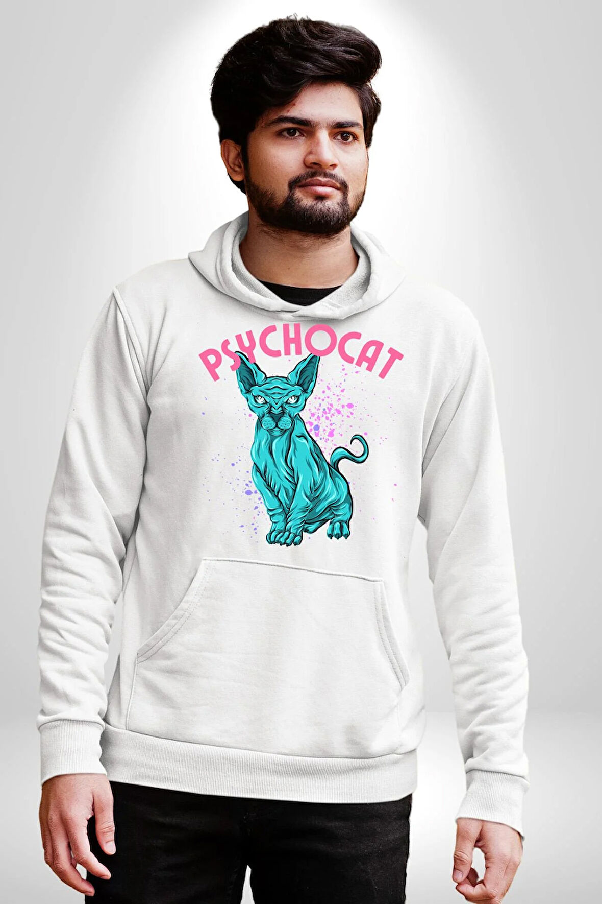 Mavi Uzaylı Sinirli Sfenks Kedisi Erkek Kadın Beyaz Dijital Baskılı Kapüşonlu Sweatshirt Hoodie