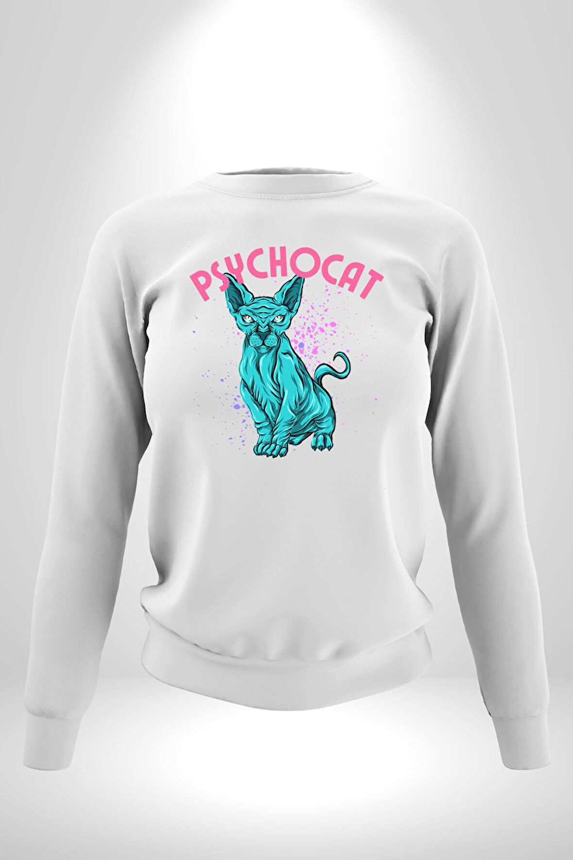 Mavi Uzaylı Sinirli Sfenks Kedisi Erkek Kadın Unisex Dijital Baskılı Beyaz Sweatshirt
