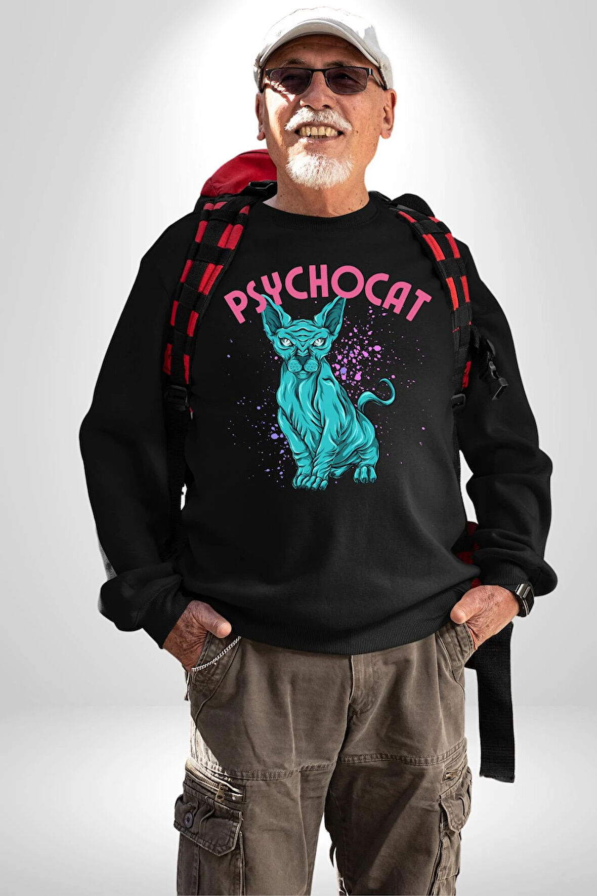 Mavi Uzaylı Sinirli Sfenks Kedisi Erkek Kadın Unisex Dijital Baskılı Siyah Sweatshirt
