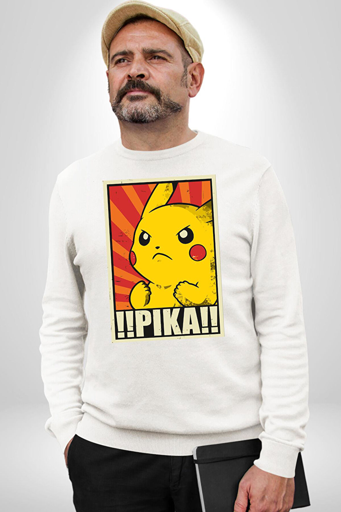 Pikachu Karikatür Enerjik Tasarım Erkek Kadın Unisex Dijital Baskılı Beyaz Sweatshirt