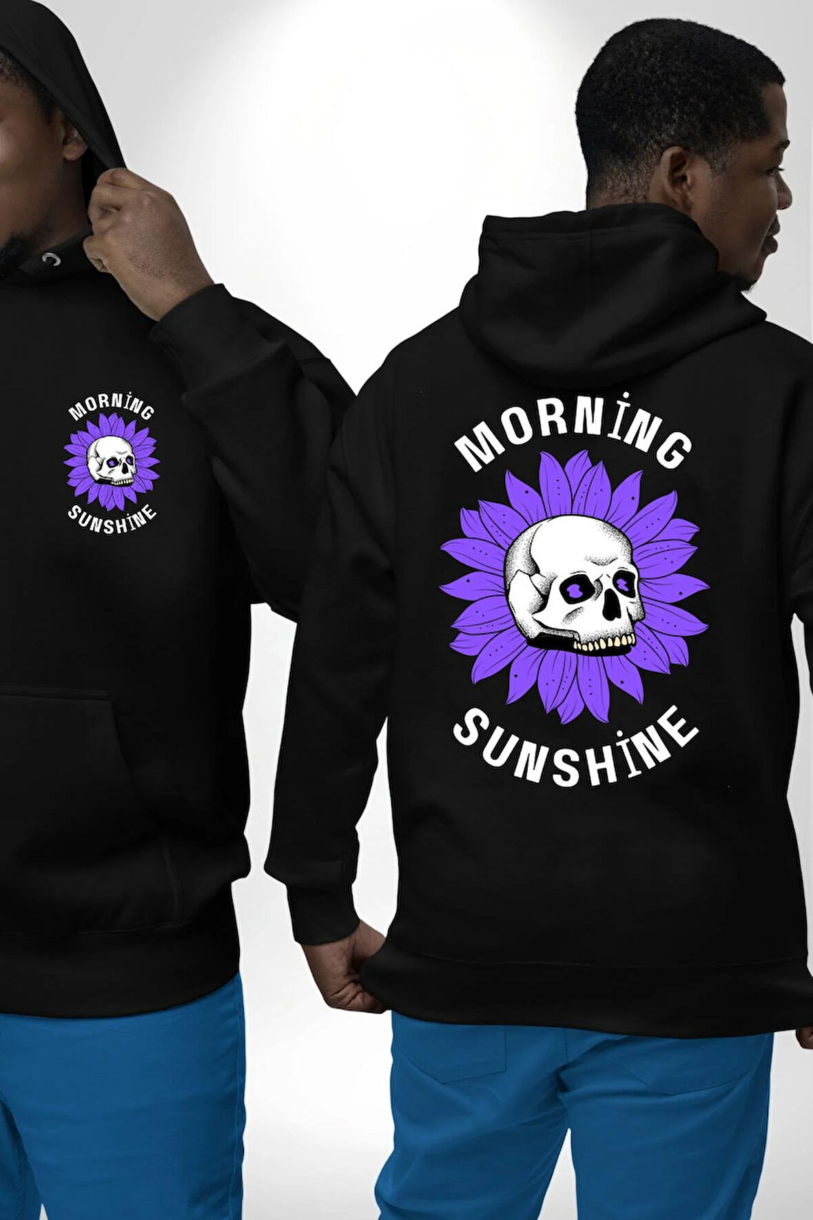 Polen Kafatası Mor Çiçek  Erkek Kadın Siyah Ön Sırt Baskılı Kapüşonlu Sweatshirt Hoodie