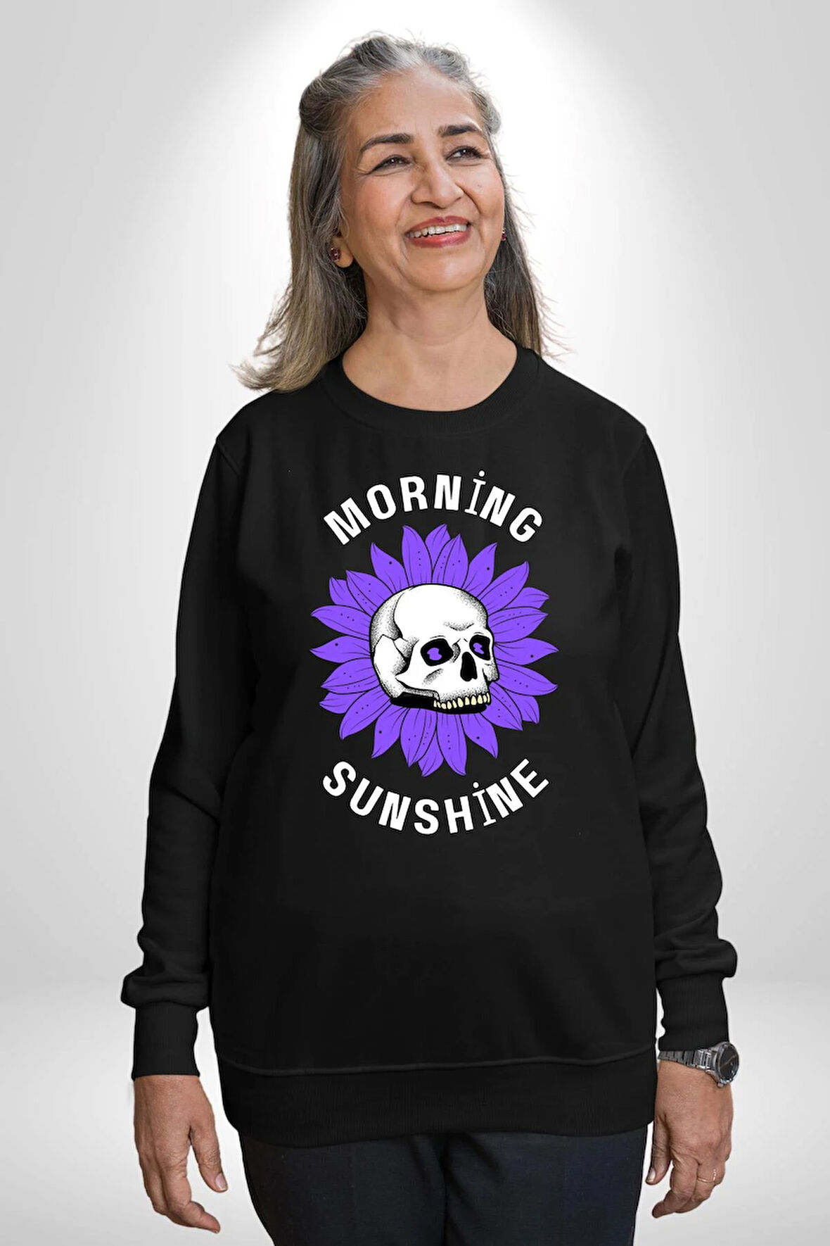 Polen Kafatası Mor Çiçek  Erkek Kadın Unisex Dijital Baskılı Siyah Sweatshirt