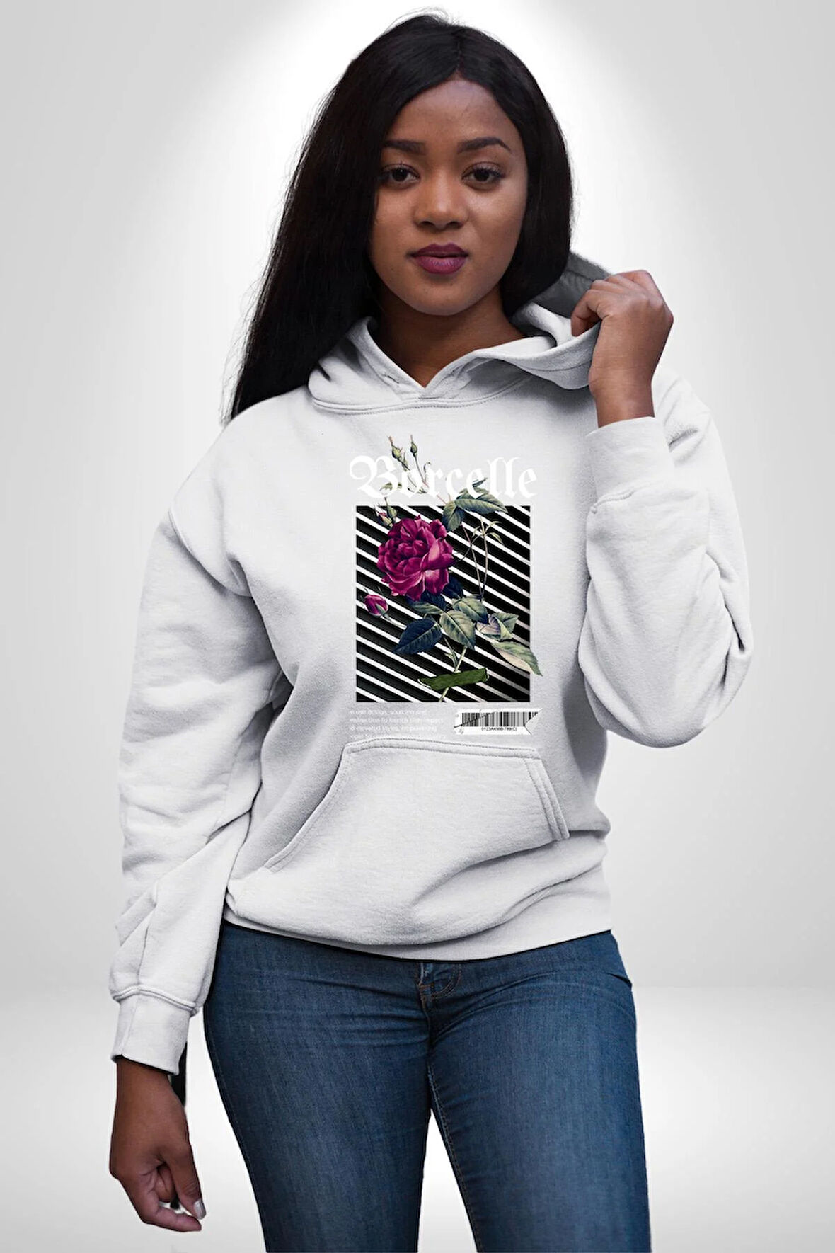 Kırmızı Gül Sokak Style Erkek Kadın Beyaz Dijital Baskılı Kapüşonlu Sweatshirt Hoodie