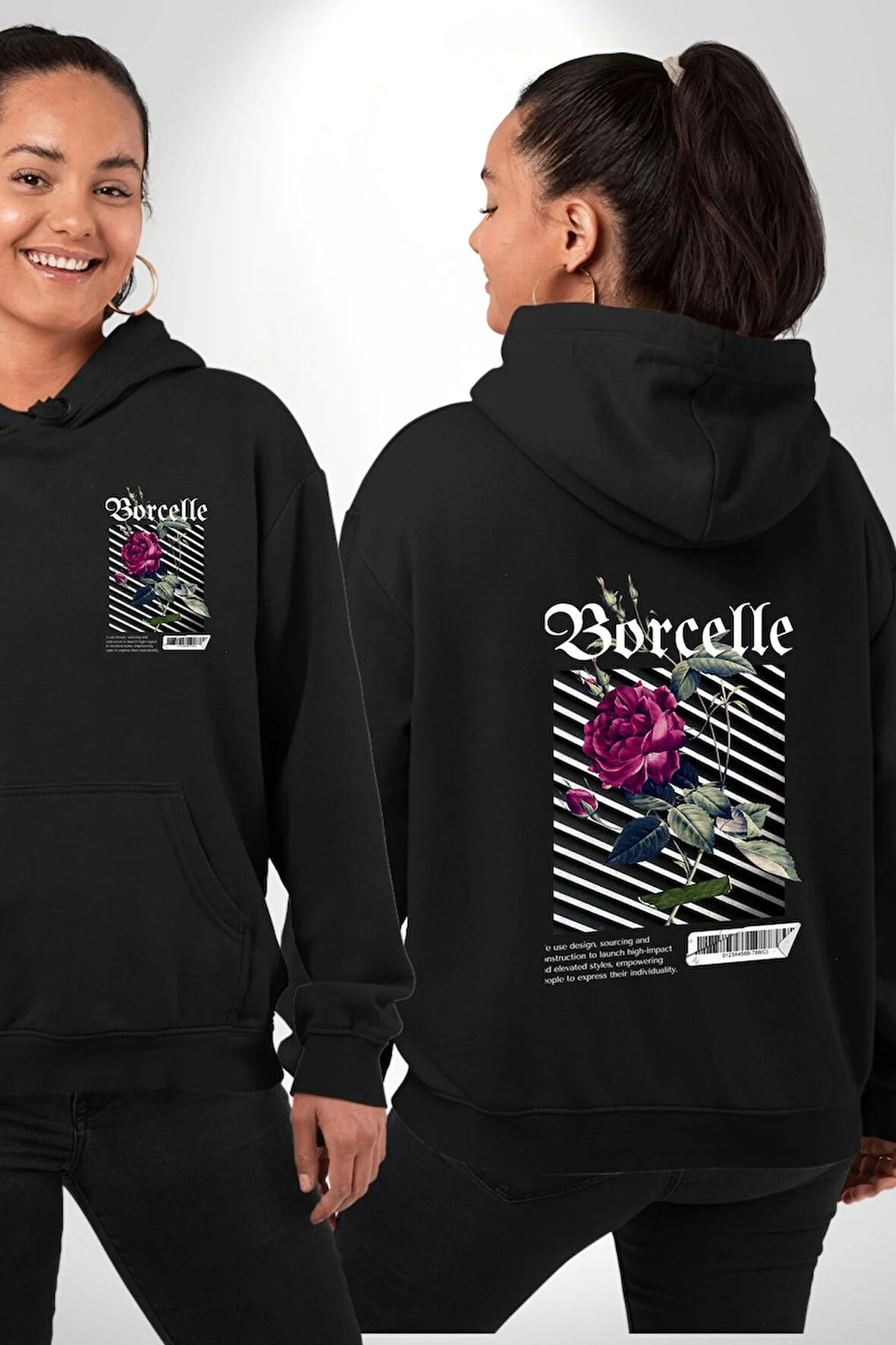 Kırmızı Gül Sokak Style Erkek Kadın Siyah Ön Sırt Baskılı Kapüşonlu Sweatshirt Hoodie