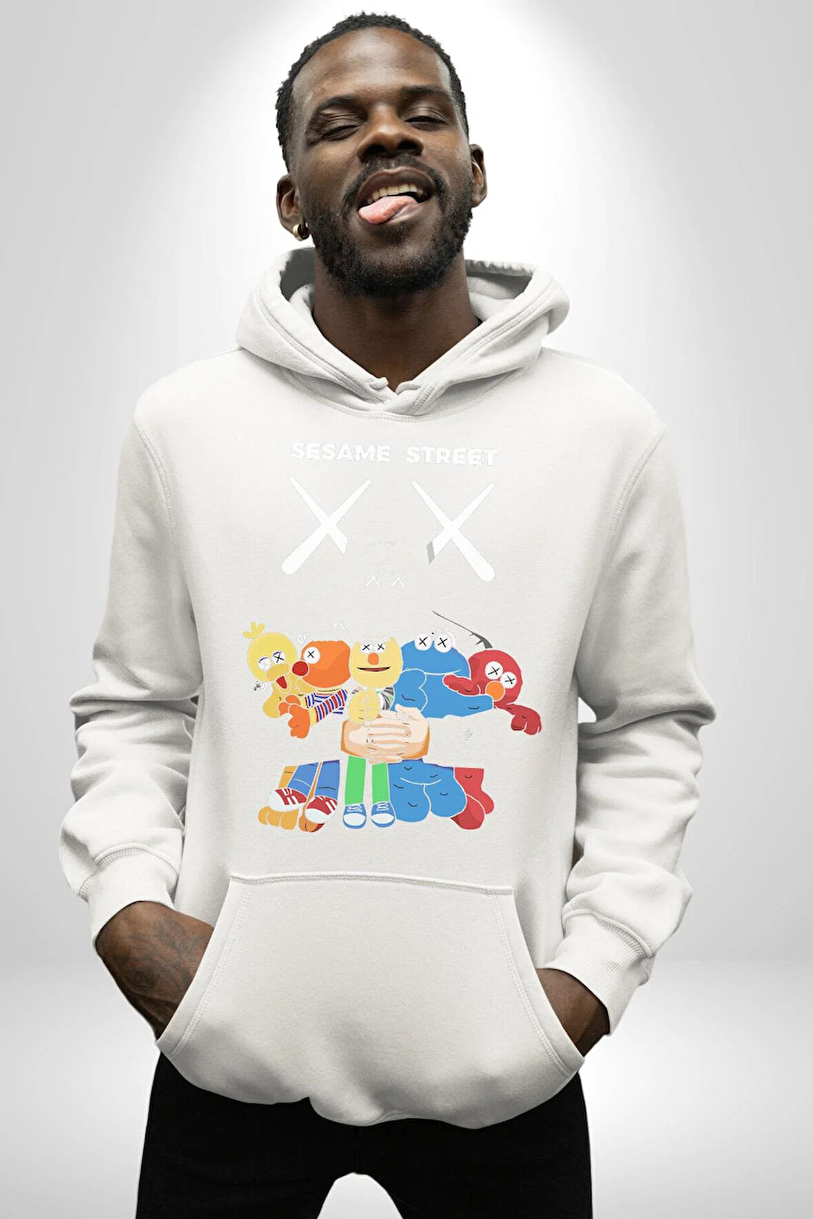 Sesame Street Kaws Karikatür Tasarımı Erkek Kadın Beyaz Dijital Baskılı Kapüşonlu Sweatshirt Hoodie