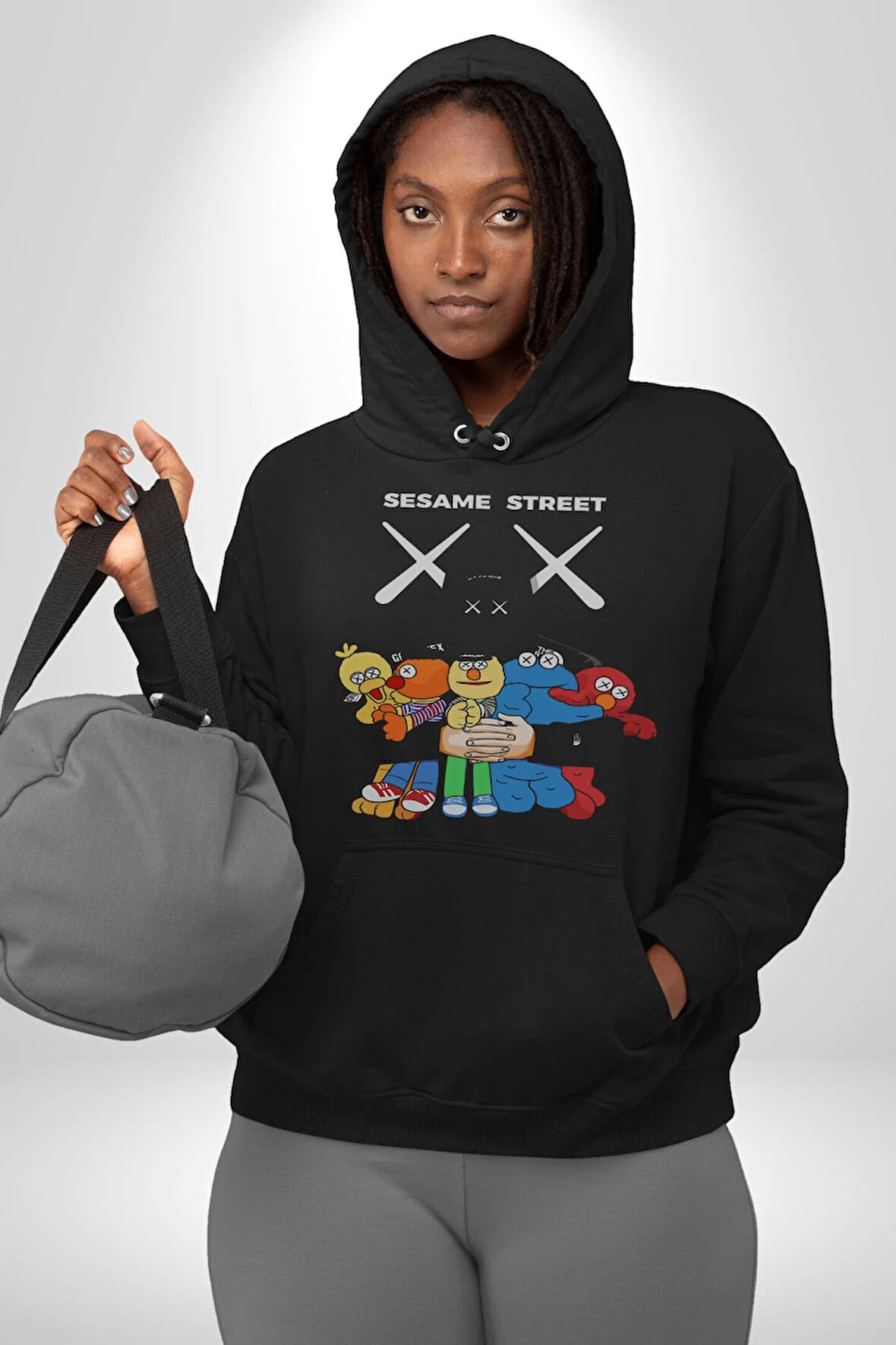 Sesame Street Kaws Karikatür Tasarımı Erkek Kadın Siyah Dijital Baskılı Kapüşonlu Sweatshirt Hoodie