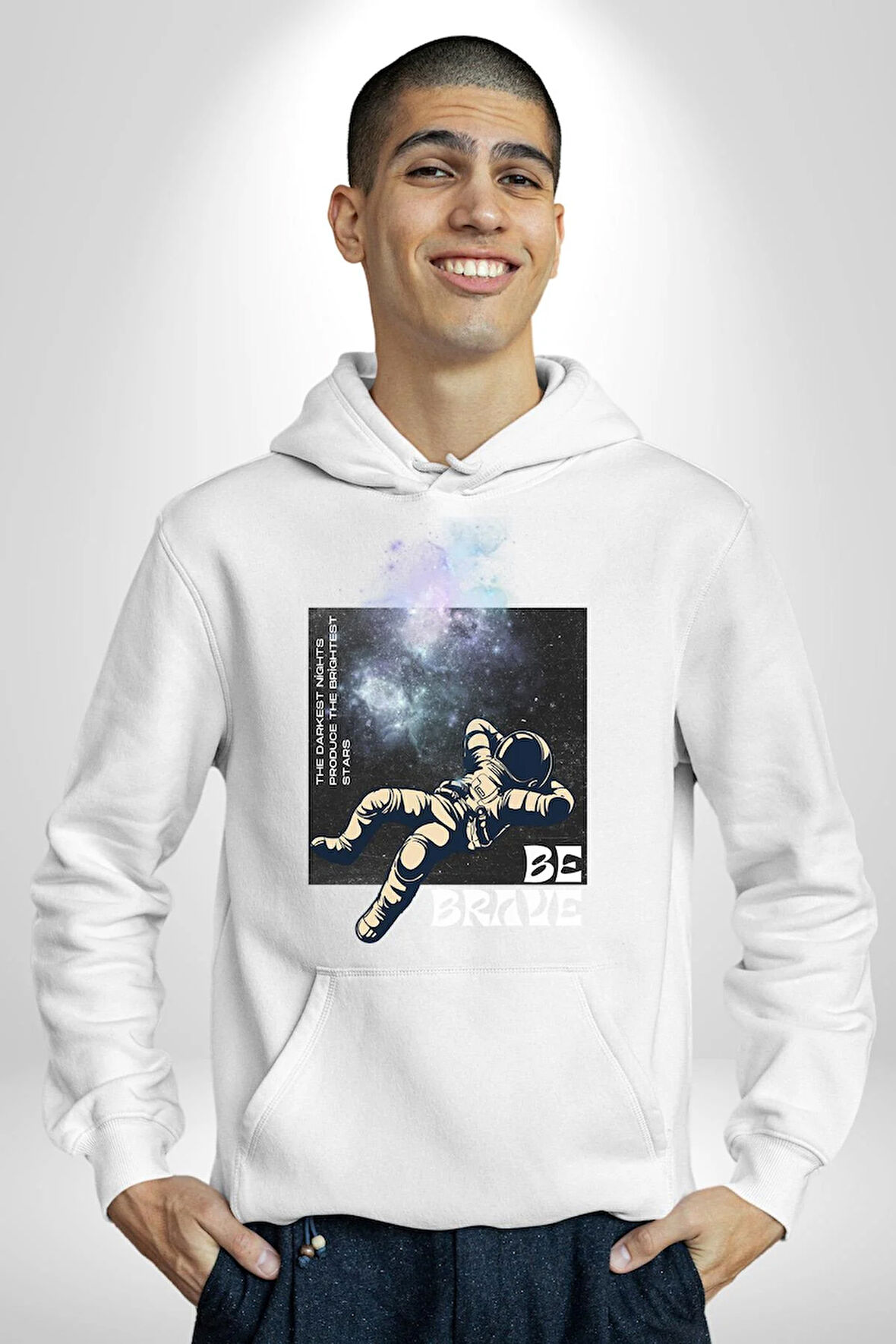 Astronot Cesur Ol Erkek Kadın Beyaz Dijital Baskılı Kapüşonlu Sweatshirt Hoodie