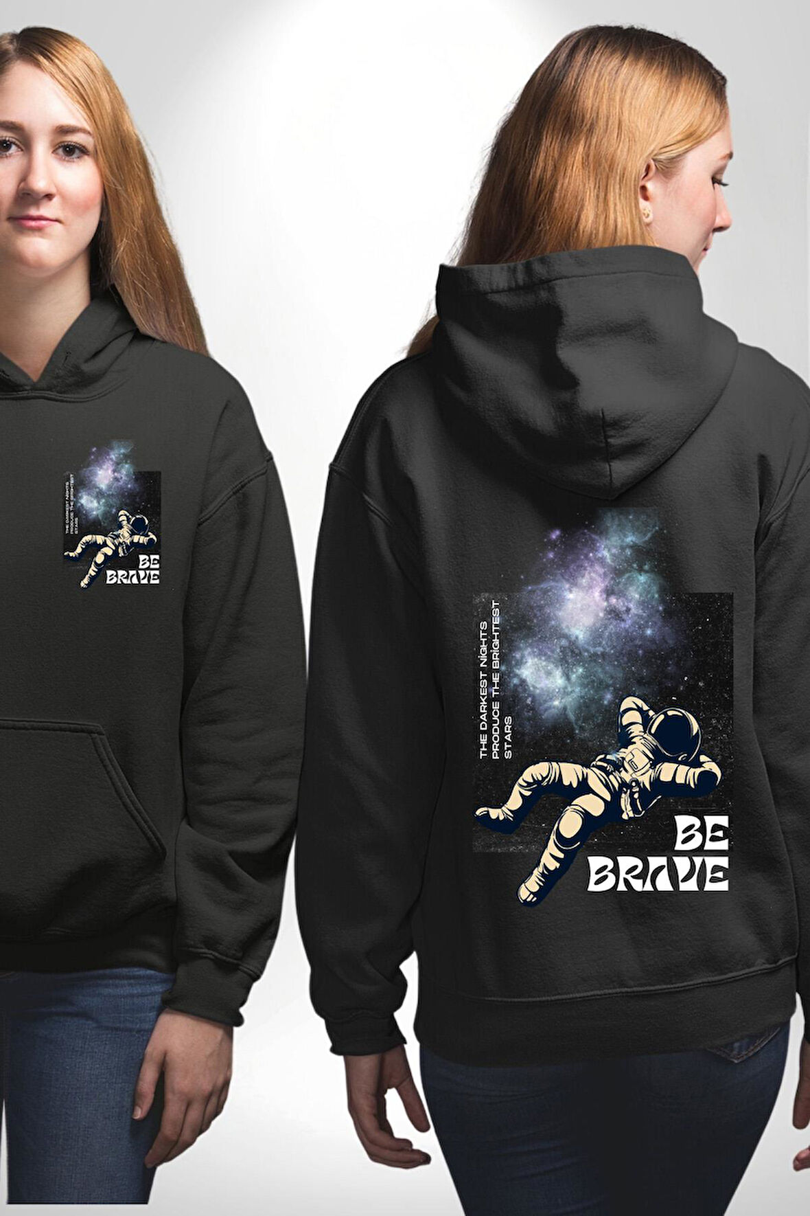 Astronot Cesur Ol Erkek Kadın Siyah Ön Sırt Baskılı Kapüşonlu Sweatshirt Hoodie