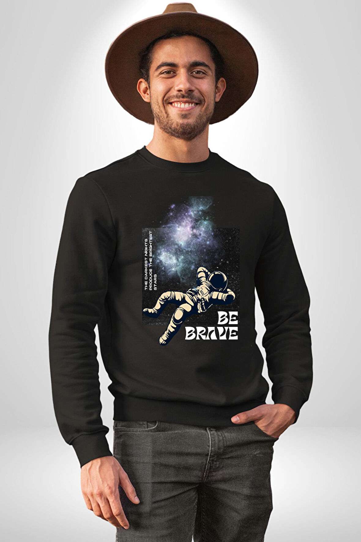 Astronot Cesur Ol Erkek Kadın Unisex Dijital Baskılı Siyah Sweatshirt
