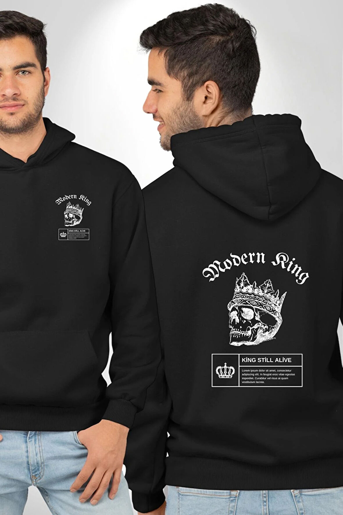 Çağdaş Yüzük Kurukafa Kral Erkek Kadın Siyah Ön Sırt Baskılı Kapüşonlu Sweatshirt Hoodie