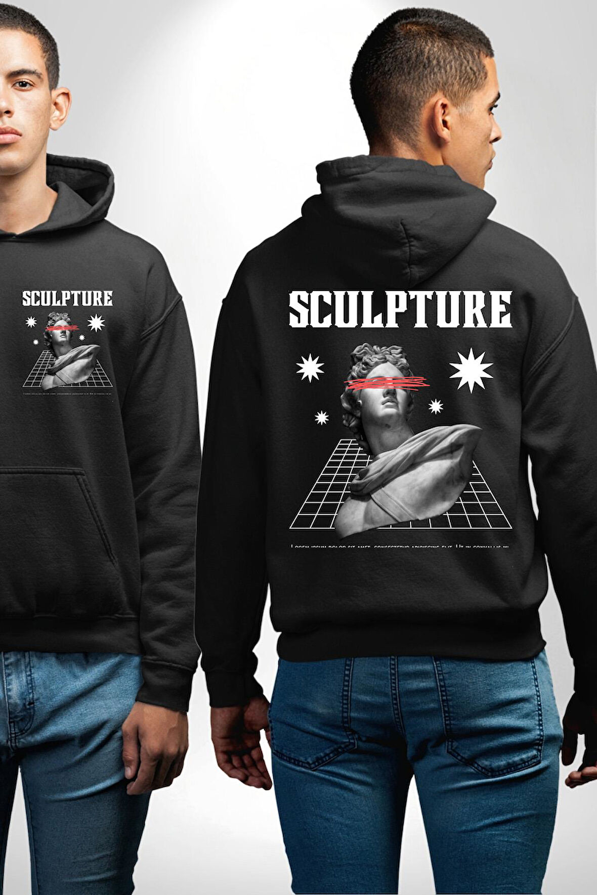 Michelagelo Modern Apollo Heykel Sokak Style Erkek Kadın Siyah Ön Sırt Baskılı Kapüşonlu Sweatshirt Hoodie