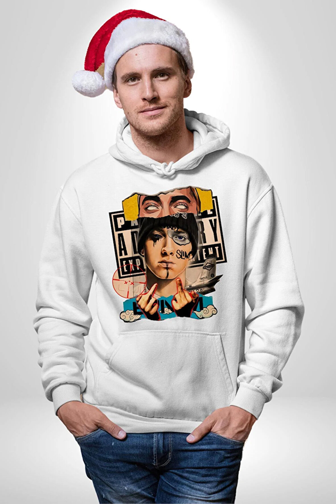 Pop Kültür Eminem Kuyu Erkek Kadın Beyaz Dijital Baskılı Kapüşonlu Sweatshirt Hoodie