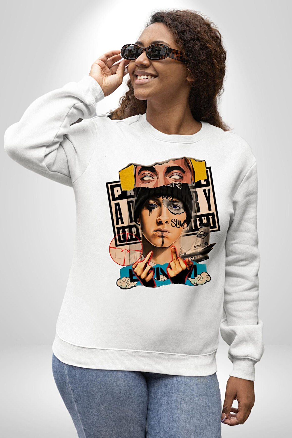 Pop Kültür Eminem Kuyu Erkek Kadın Unisex Dijital Baskılı Beyaz Sweatshirt