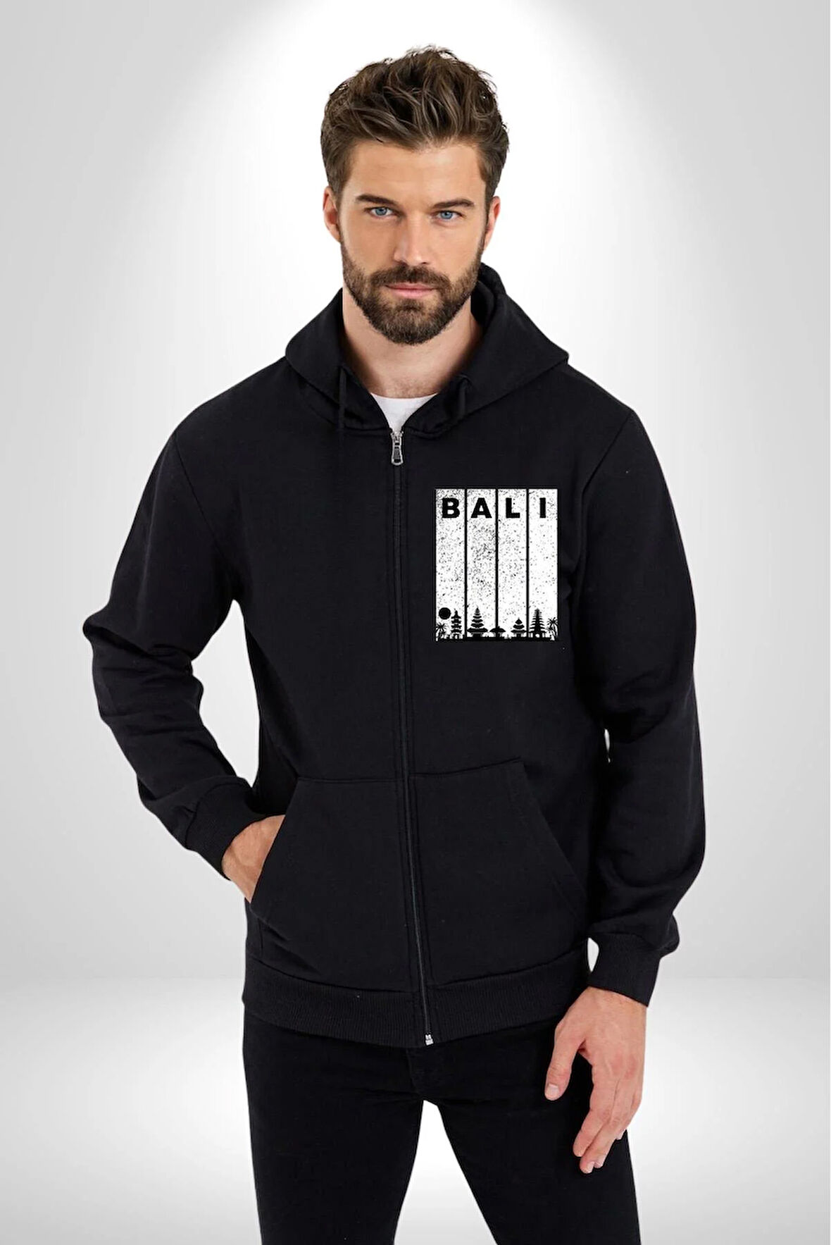 Bali Endonezya Erkek Kadın Siyah Fermuarlı Baskılı Hırka Sweatshirt