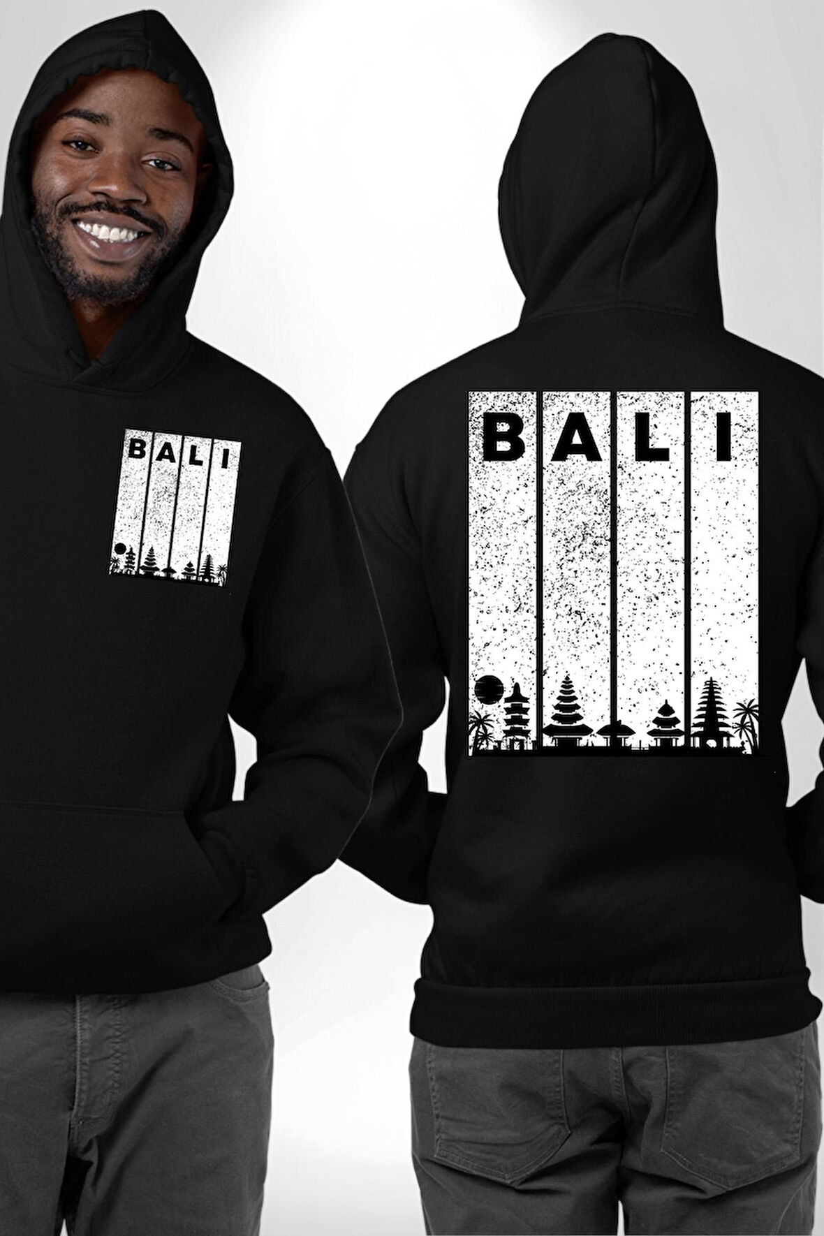 Bali Endonezya Erkek Kadın Siyah Ön Sırt Baskılı Kapüşonlu Sweatshirt Hoodie
