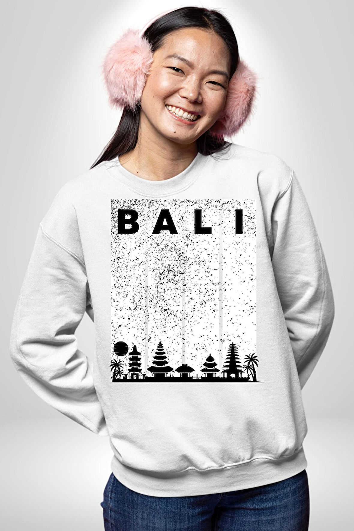 Bali Endonezya Erkek Kadın Unisex Dijital Baskılı Beyaz Sweatshirt
