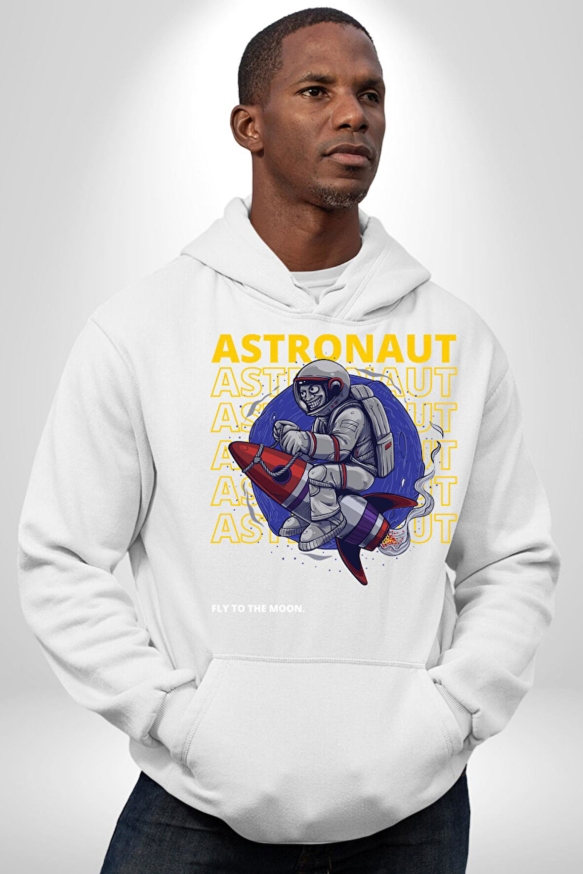 Roket Ata Binen Astronot Erkek Kadın Beyaz Dijital Baskılı Kapüşonlu Sweatshirt Hoodie