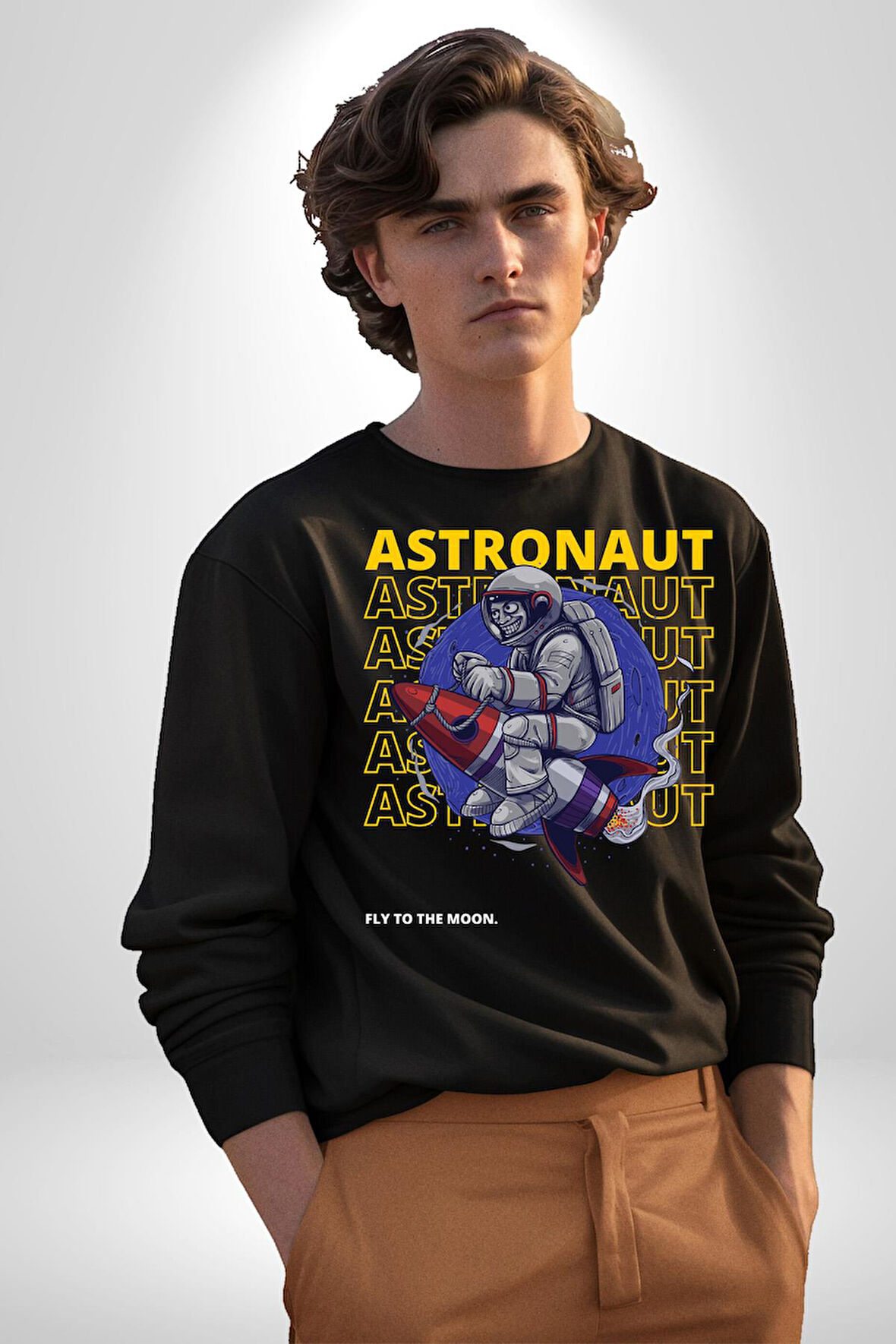 Roket Ata Binen Astronot Erkek Kadın Unisex Dijital Baskılı Siyah Sweatshirt