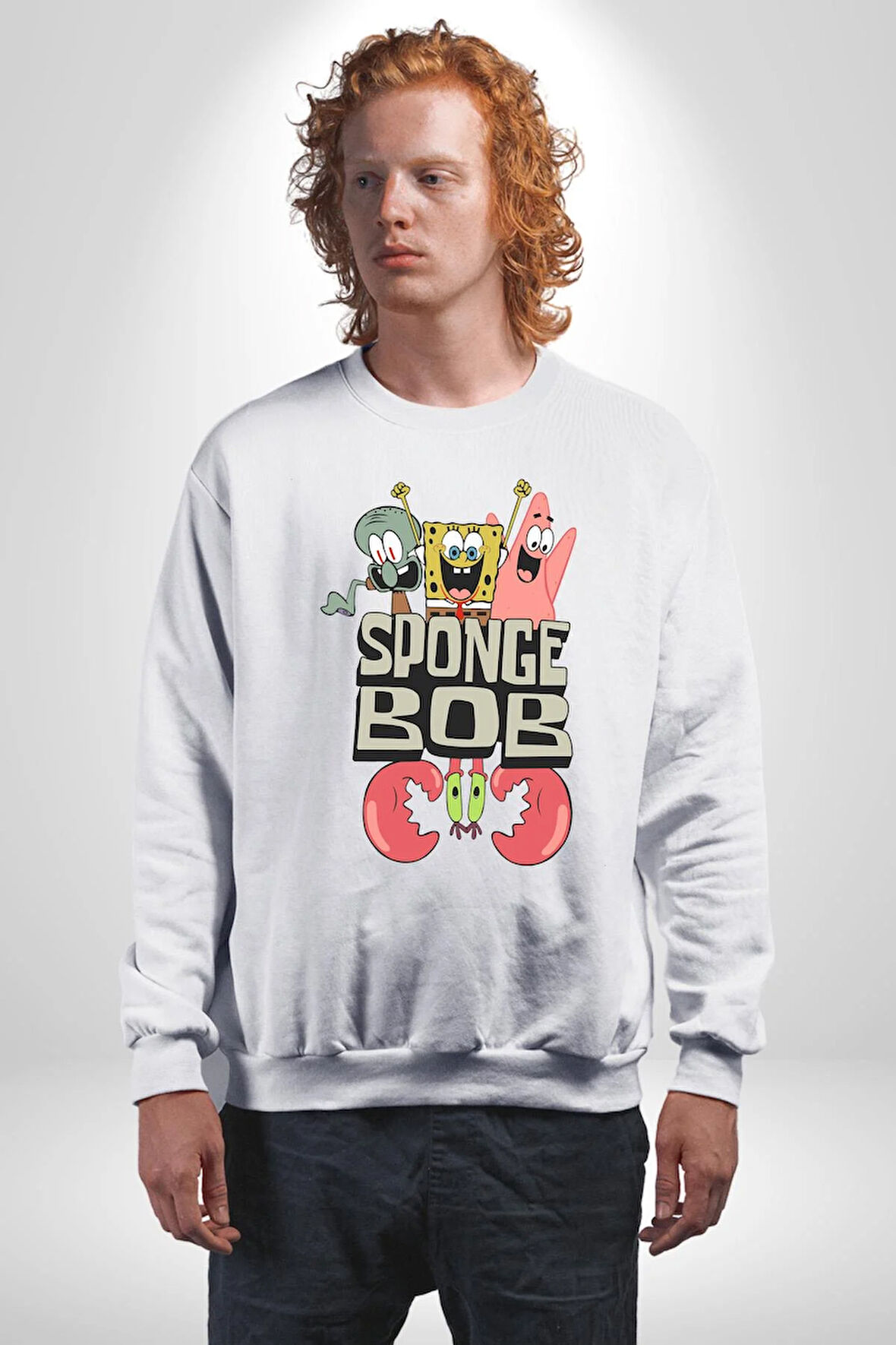 SpongeBob Karepantolon Karikatür Tasarımı Erkek Kadın Unisex Dijital Baskılı Beyaz Sweatshirt