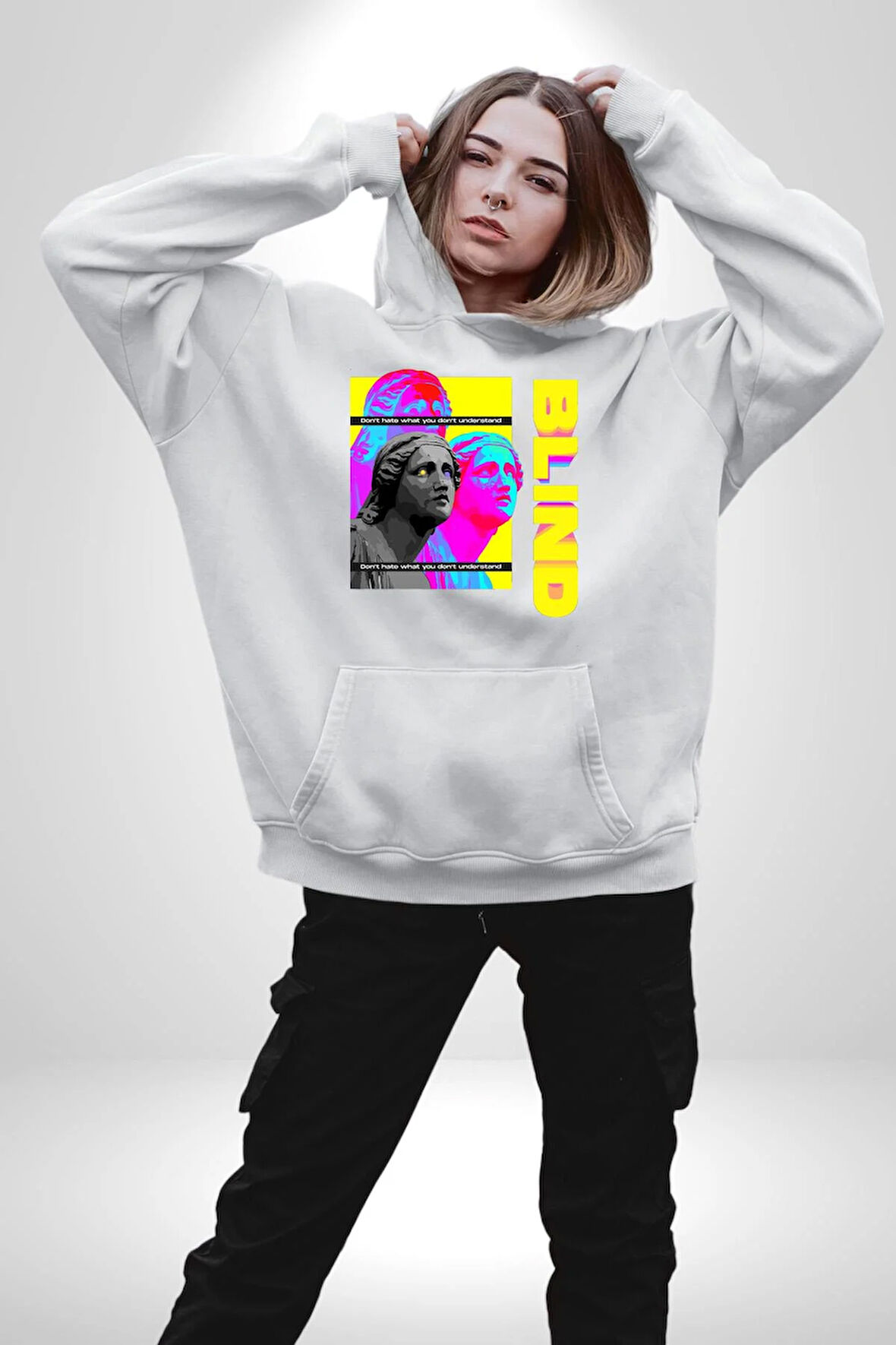 Heykel Anlamadığınız Şeyden Nefret Etmeyin Erkek Kadın Beyaz Dijital Baskılı Kapüşonlu Sweatshirt Hoodie