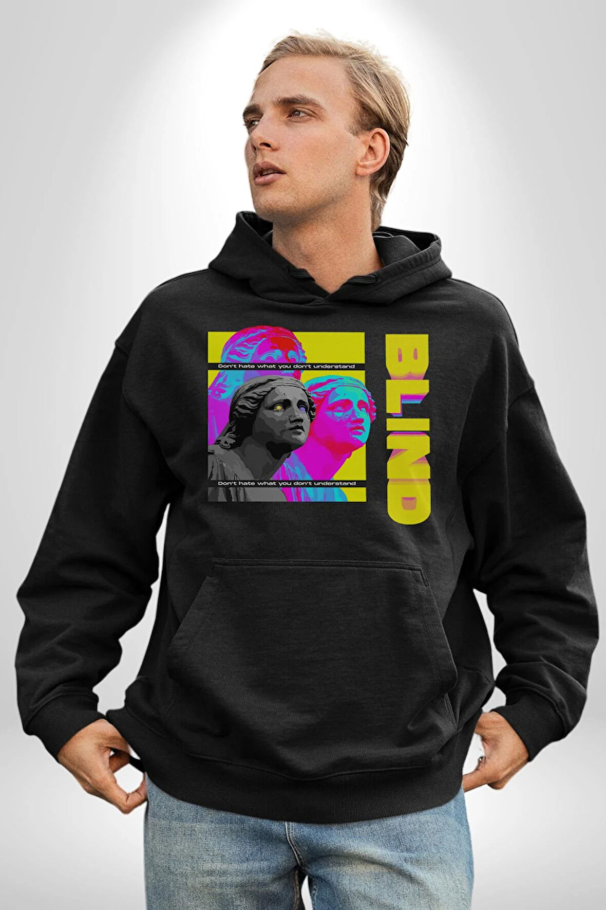 Heykel Anlamadığınız Şeyden Nefret Etmeyin Erkek Kadın Siyah Dijital Baskılı Kapüşonlu Sweatshirt Hoodie