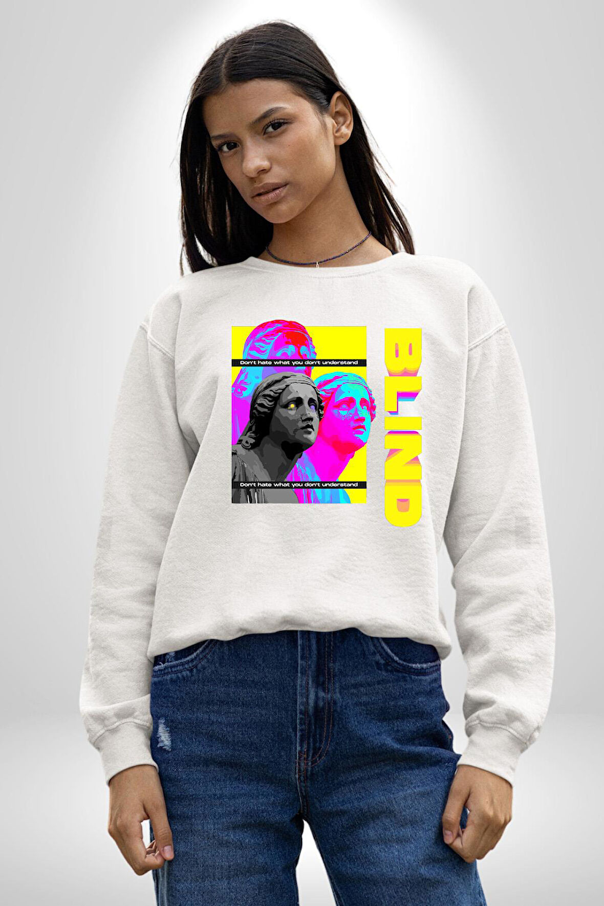Heykel Anlamadığınız Şeyden Nefret Etmeyin Erkek Kadın Unisex Dijital Baskılı Beyaz Sweatshirt