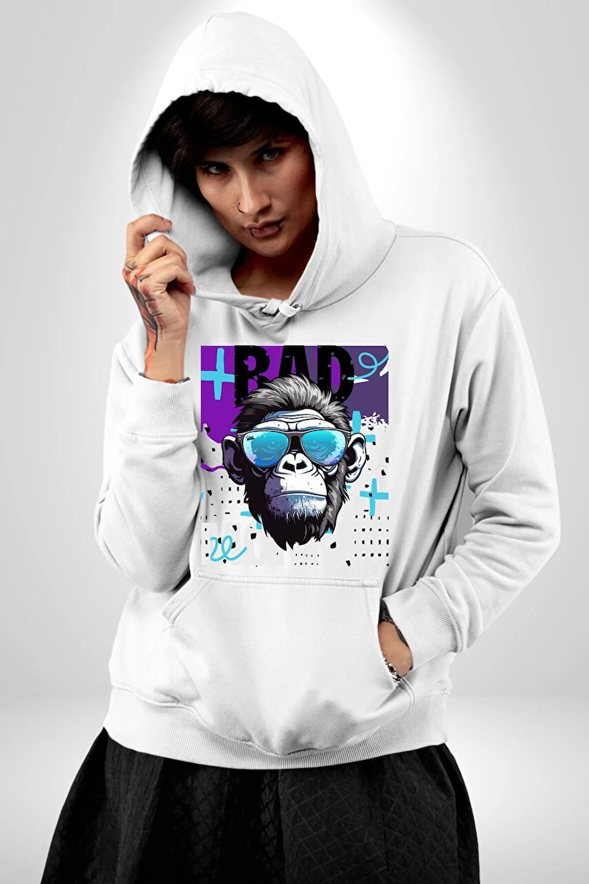Kötü Maymun Güneş Gözlüklü Erkek Kadın Beyaz Dijital Baskılı Kapüşonlu Sweatshirt Hoodie
