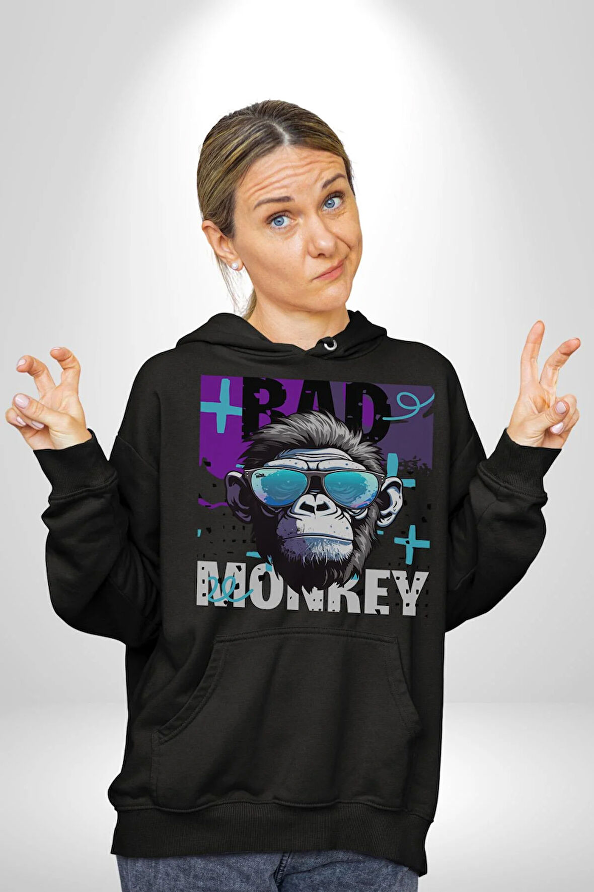 Kötü Maymun Güneş Gözlüklü Erkek Kadın Siyah Dijital Baskılı Kapüşonlu Sweatshirt Hoodie