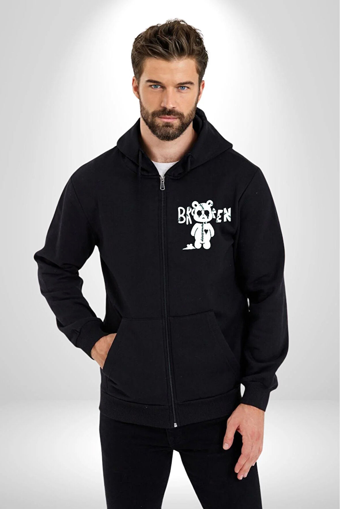 Kırık Kalp Ayı Erkek Kadın Siyah Fermuarlı Baskılı Hırka Sweatshirt