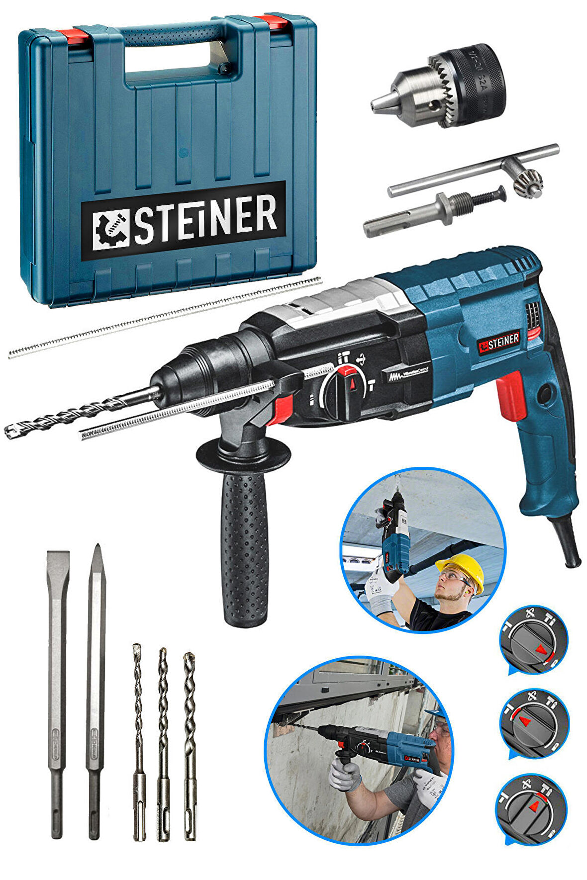 Steiner Alman 4000 Watt Profesyonel Kırıcı Delici Hilti Darbeli Matkap Gri + 5 Adet Uç + Mandren