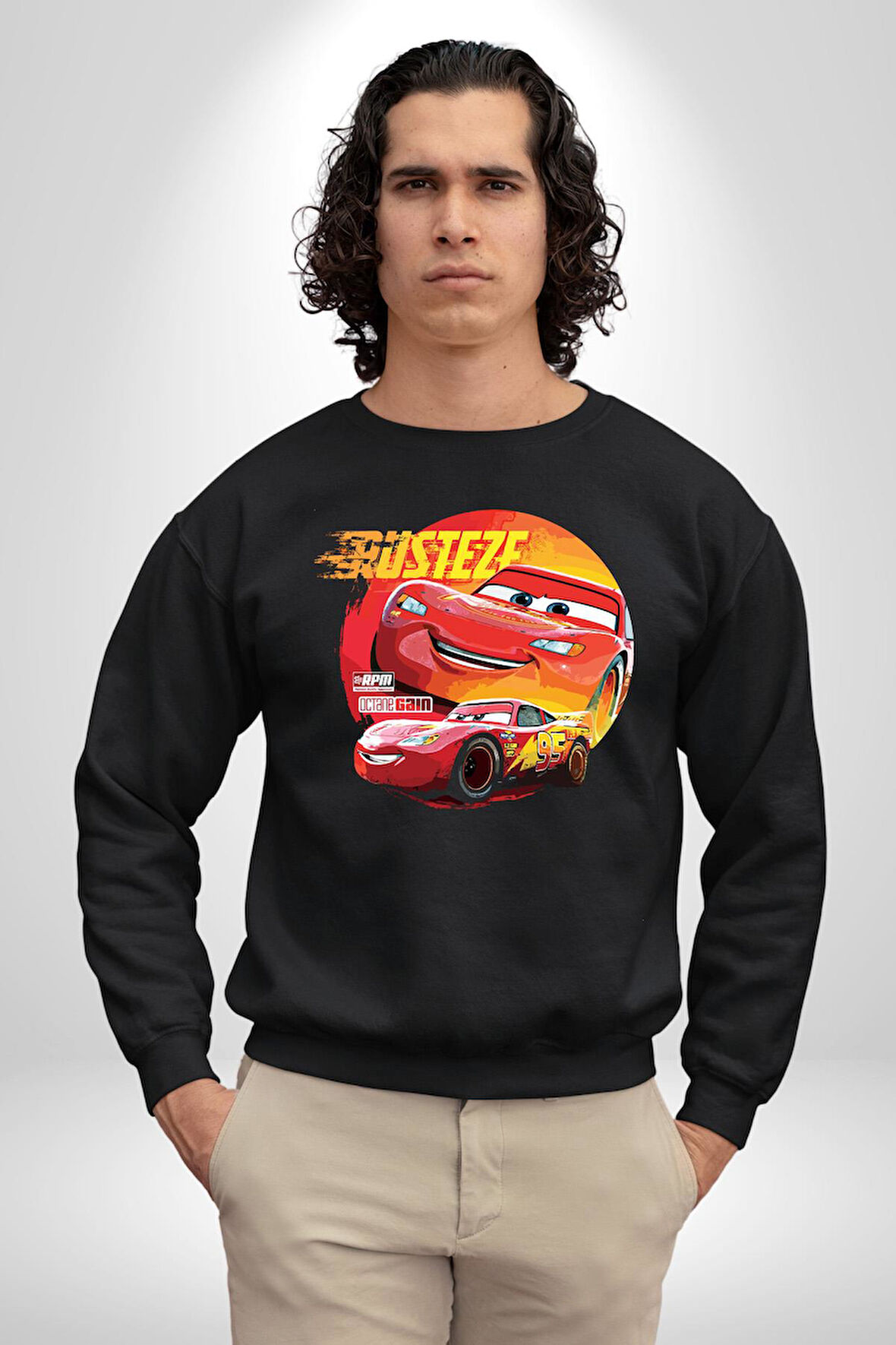 Lightning McQueen Yarışçı Araba Tasarımı Erkek Kadın Unisex Dijital Baskılı Siyah Sweatshirt