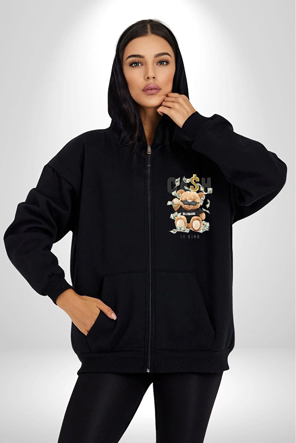 Nakit Dolar Kralı Ayıcık Sokak Stili Erkek Kadın Siyah Fermuarlı Baskılı Hırka Sweatshirt