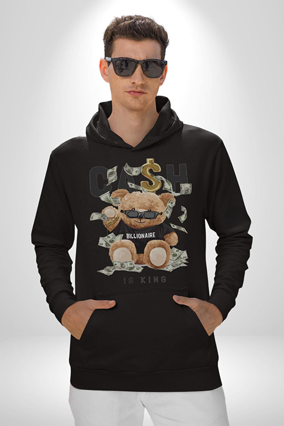Nakit Dolar Kralı Ayıcık Sokak Stili Erkek Kadın Siyah Dijital Baskılı Kapüşonlu Sweatshirt Hoodie