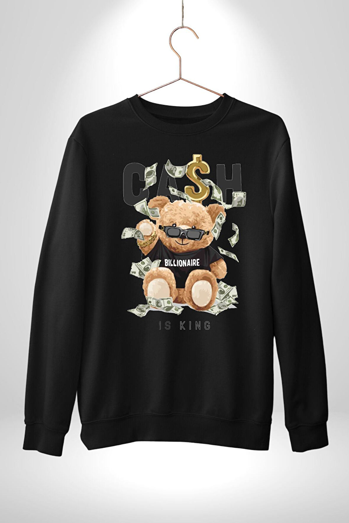 Nakit Dolar Kralı Ayıcık Sokak Stili Erkek Kadın Unisex Dijital Baskılı Siyah Sweatshirt