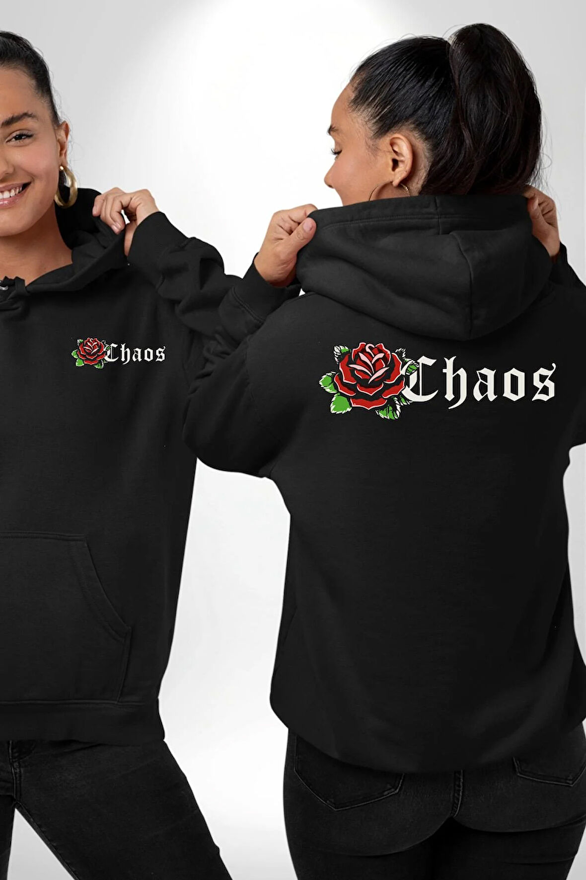 Kırmızı Gül Kaos Erkek Kadın Siyah Ön Sırt Baskılı Kapüşonlu Sweatshirt Hoodie