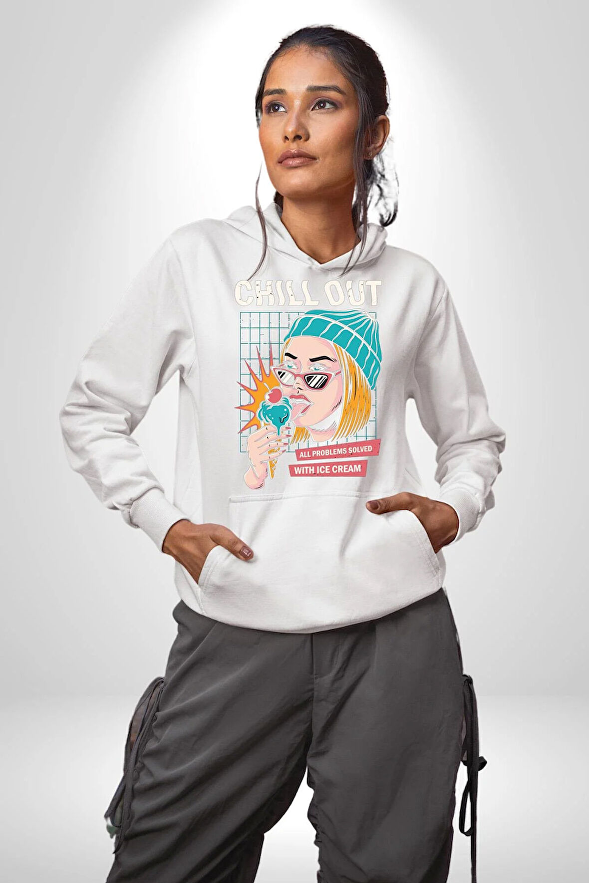 Sakin Ol Tüm Sorunlar Çözüldü Dondurma İle Erkek Kadın Beyaz Dijital Baskılı Kapüşonlu Sweatshirt Hoodie