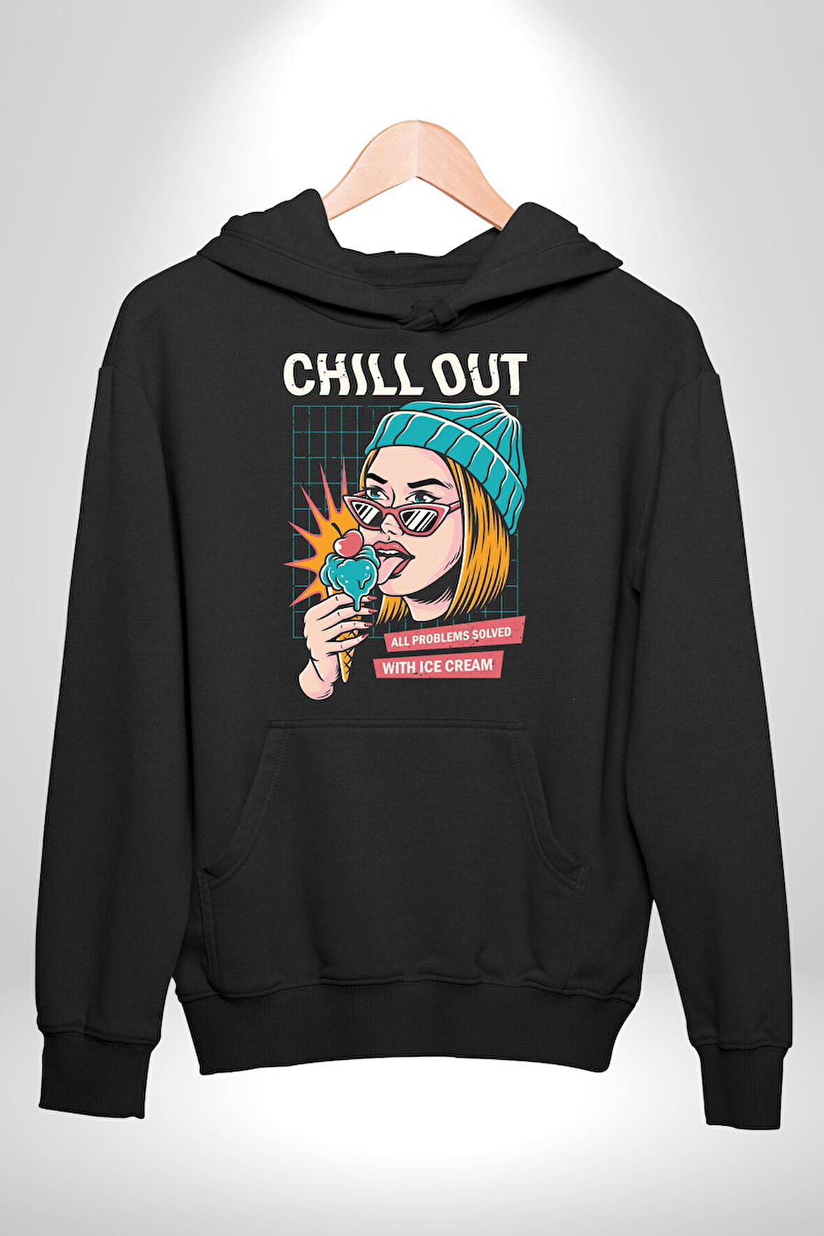 Sakin Ol Tüm Sorunlar Çözüldü Dondurma İle Erkek Kadın Siyah Dijital Baskılı Kapüşonlu Sweatshirt Hoodie