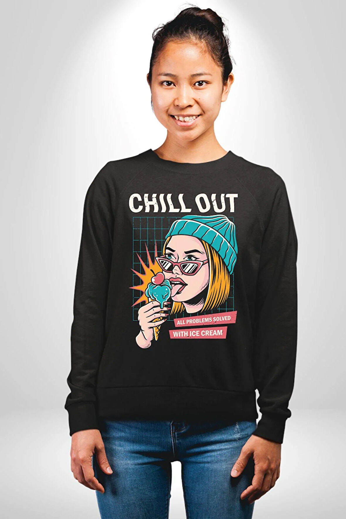 Sakin Ol Tüm Sorunlar Çözüldü Dondurma İle Erkek Kadın Unisex Dijital Baskılı Siyah Sweatshirt