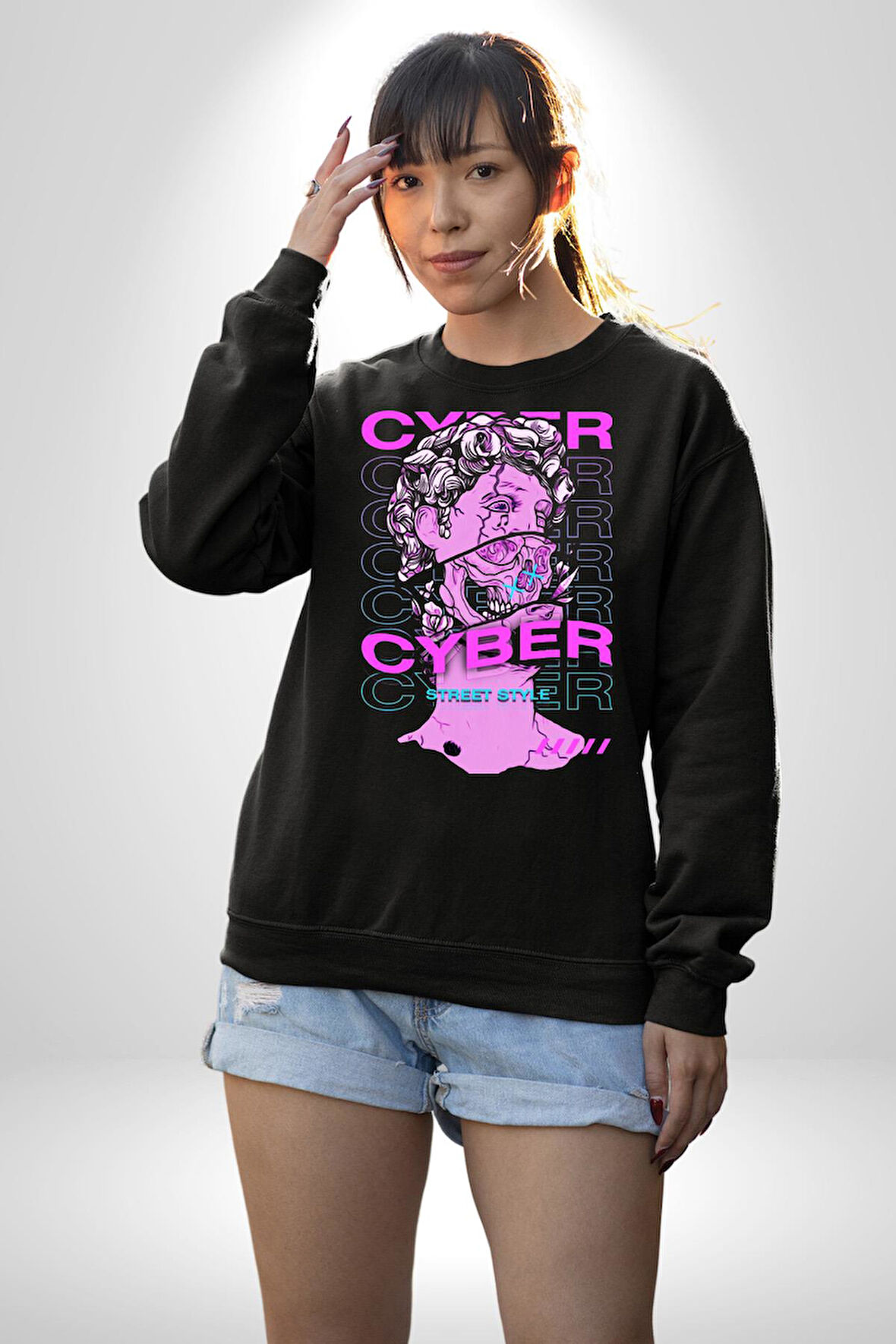Siber Sokak Stili Erkek Kadın Unisex Dijital Baskılı Siyah Sweatshirt