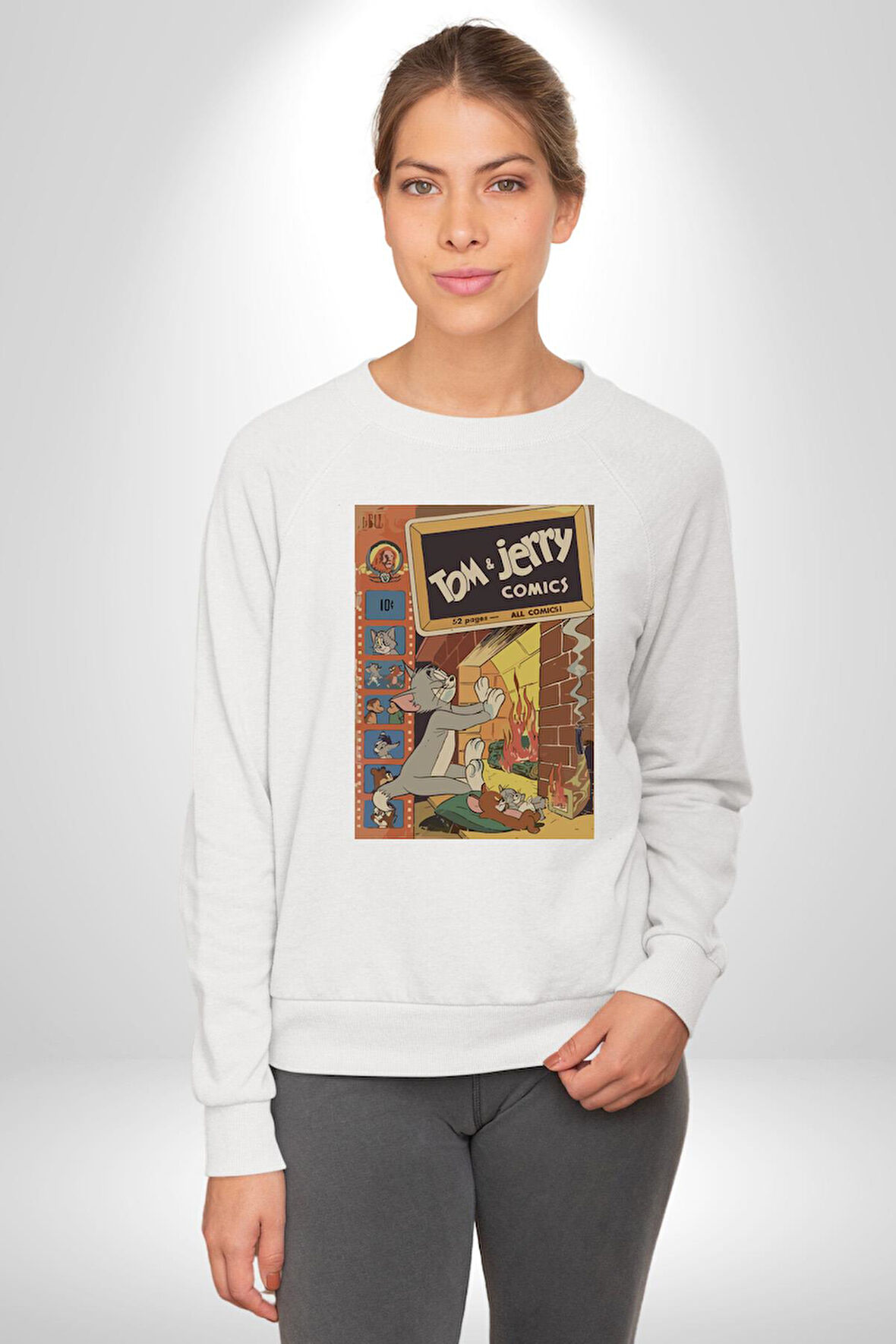 Tom Jerry Çizgi Film Şömine Çizgi Film Erkek Kadın Unisex Dijital Baskılı Beyaz Sweatshirt