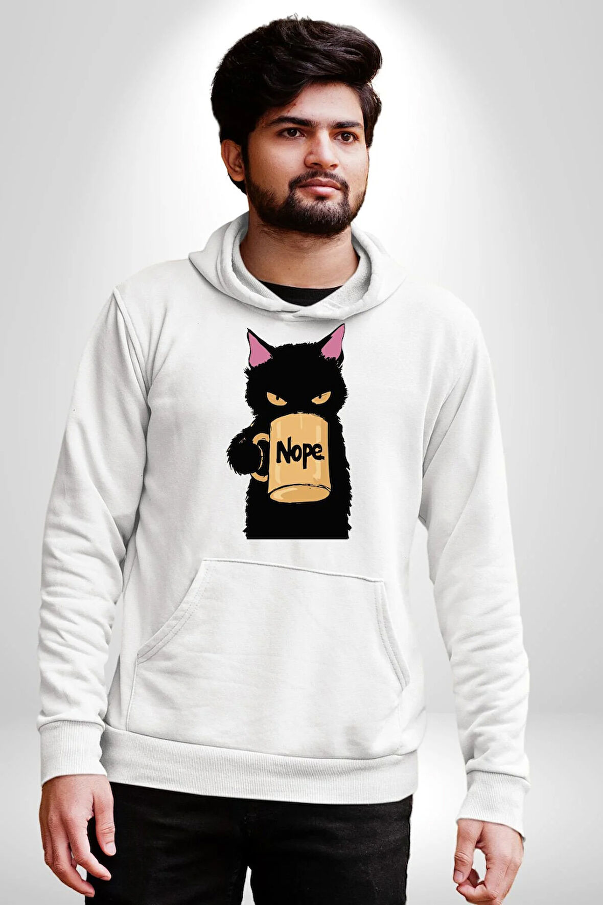 Nope Kedi Mizahi Kahve Tasarımı Erkek Kadın Beyaz Dijital Baskılı Kapüşonlu Sweatshirt Hoodie