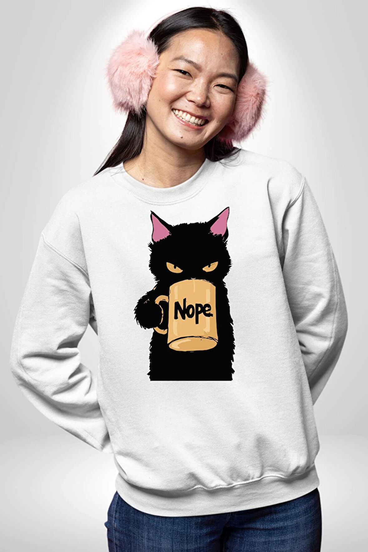 Nope Kedi Mizahi Kahve Tasarımı Erkek Kadın Unisex Dijital Baskılı Beyaz Sweatshirt