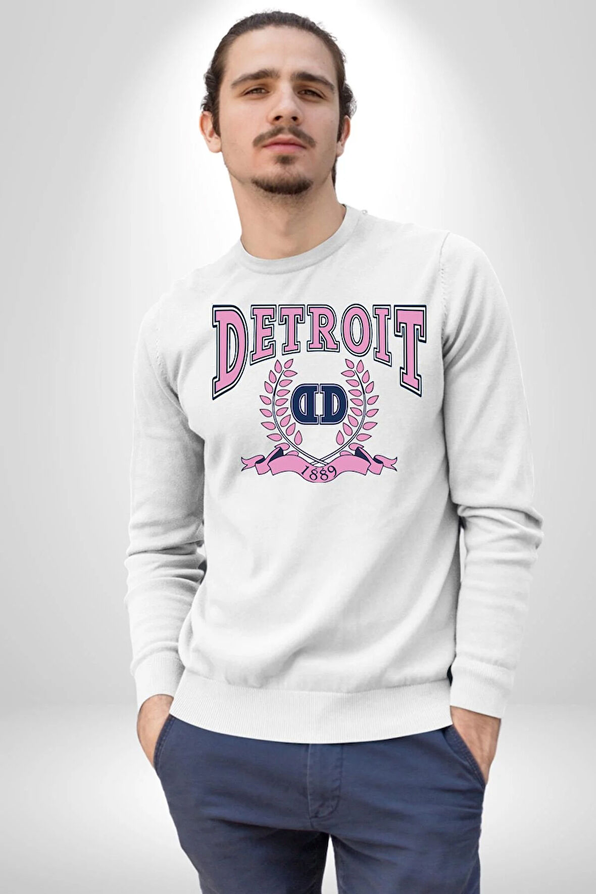 Detroit Kampüs Erkek Kadın Unisex Dijital Baskılı Beyaz Sweatshirt