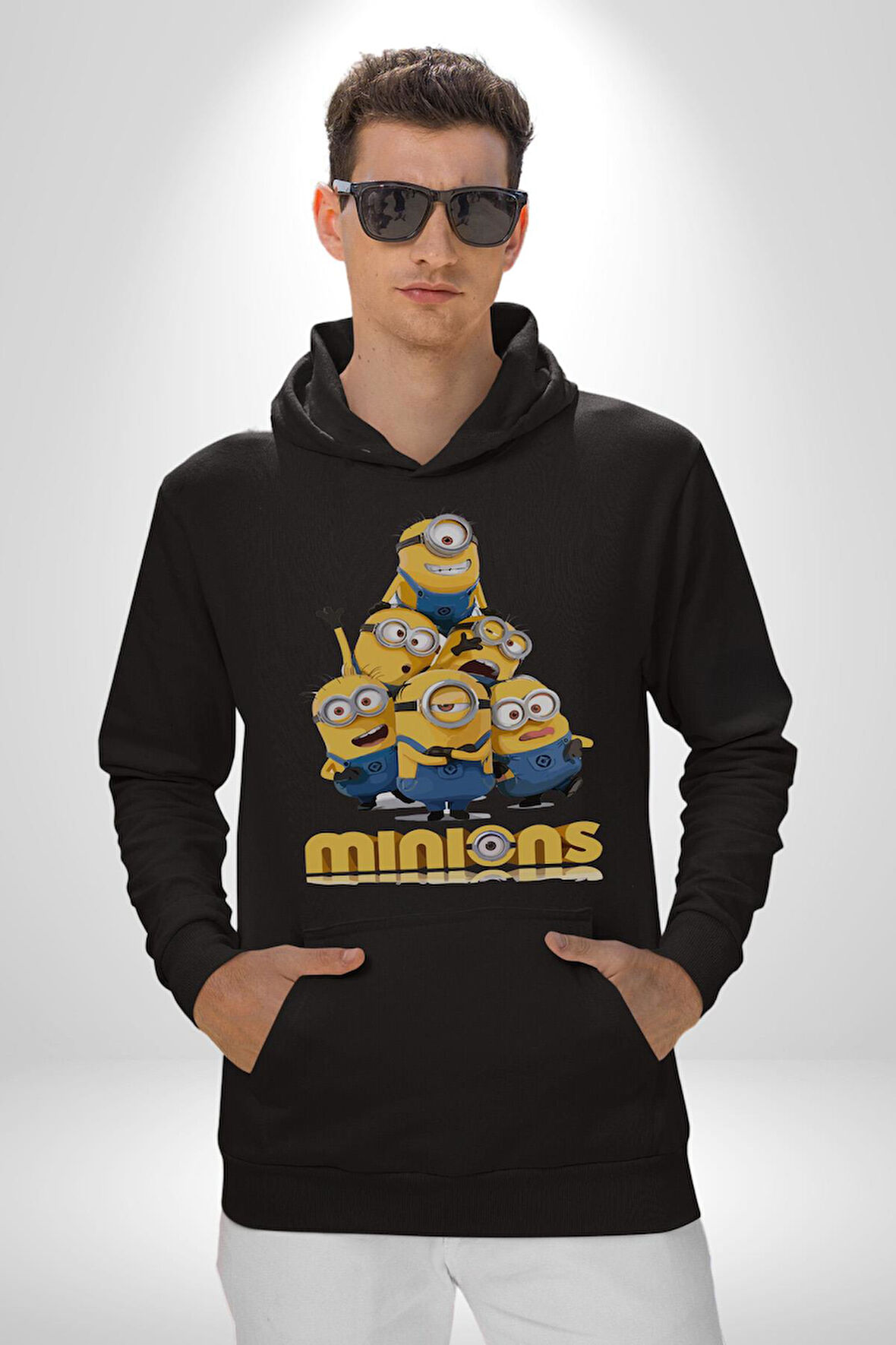 Minions Sevimli Karakter Tasarımı Erkek Kadın Siyah Dijital Baskılı Kapüşonlu Sweatshirt Hoodie