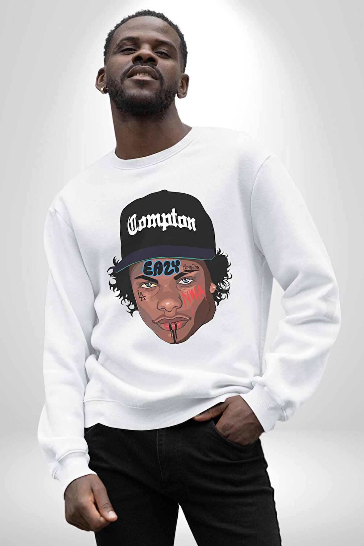 Hip Hop Kültürü Eazy Compton Erkek Kadın Unisex Dijital Baskılı Beyaz Sweatshirt