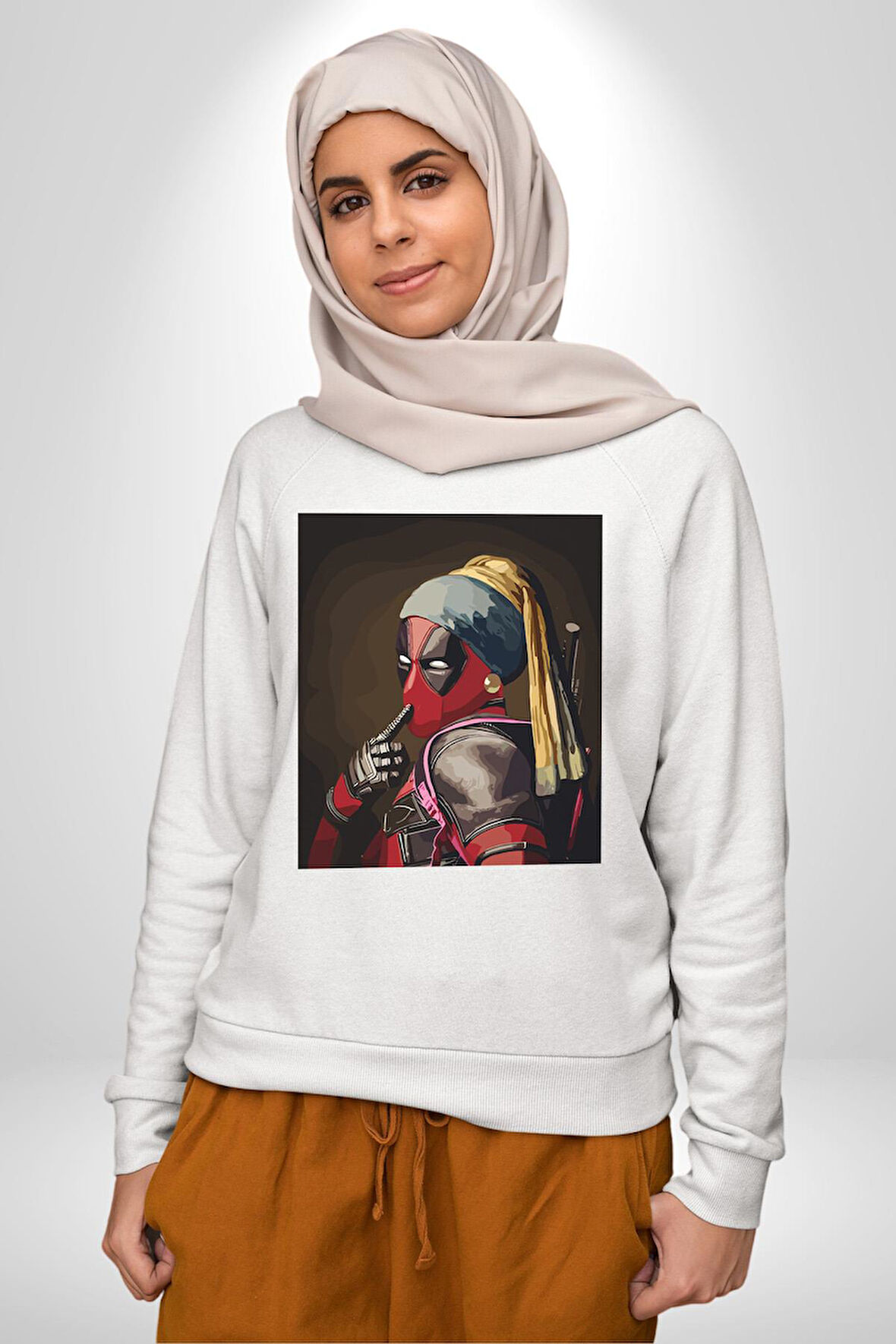 Deadpool İnci Küpeli Kız Erkek Kadın Unisex Dijital Baskılı Beyaz Sweatshirt
