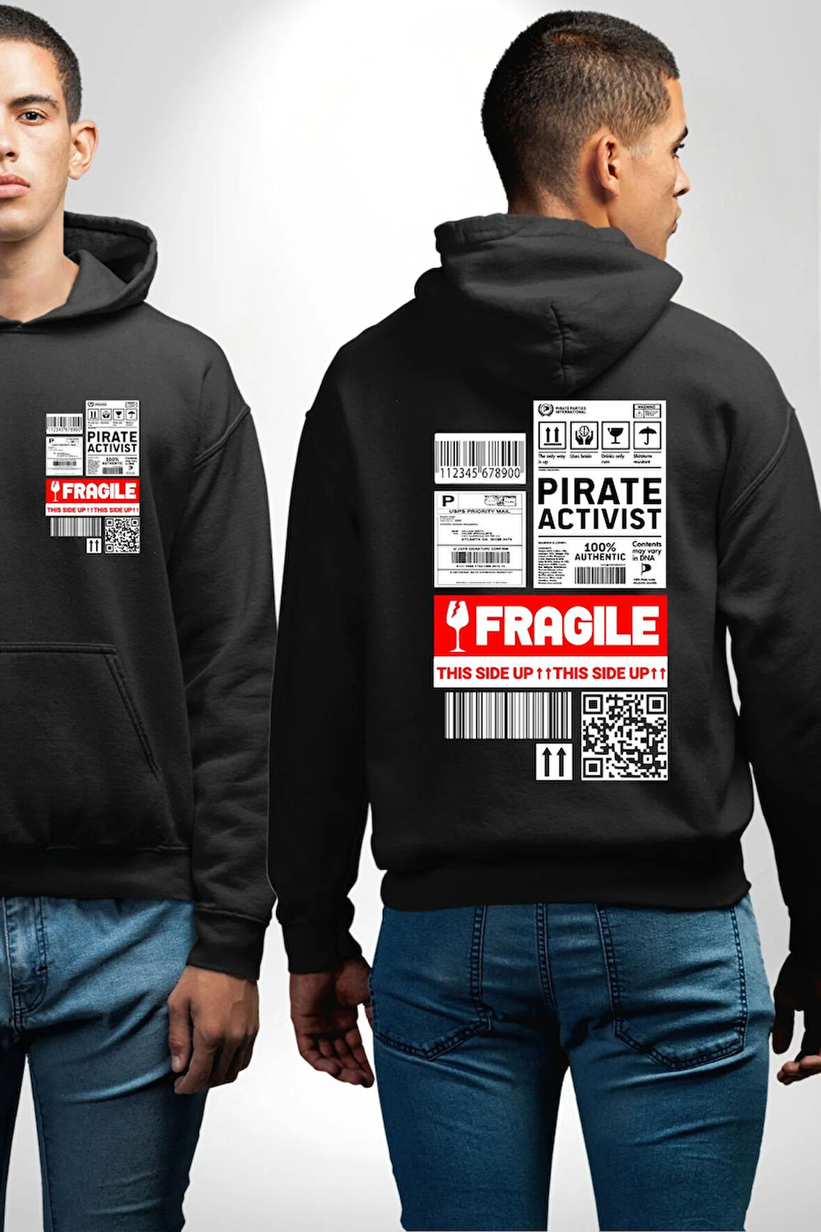 Korsan Aktivist Kırılgan İnsan Kargo Erkek Kadın Siyah Ön Sırt Baskılı Kapüşonlu Sweatshirt Hoodie
